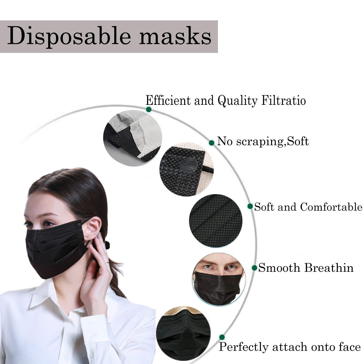 Wecolor 100 PCS Black Masks, Disposable Face 1 Count (Pack of 100),