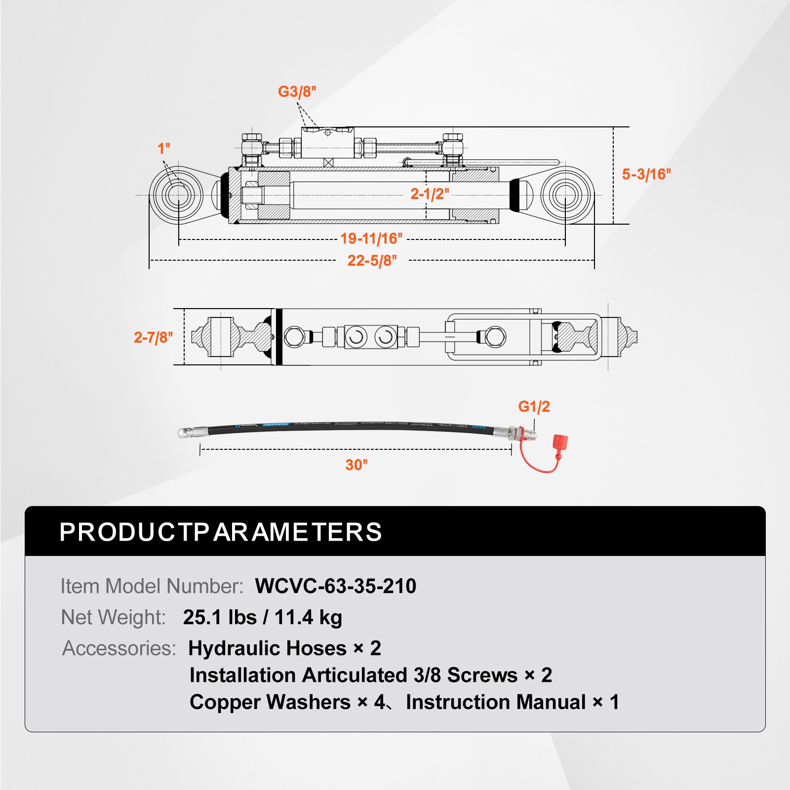 Uimoso Hydraulic Top Link Cat.1-1 / Cat.2-2 18 1/8″ – 31 7/8″ with 2x Hoses