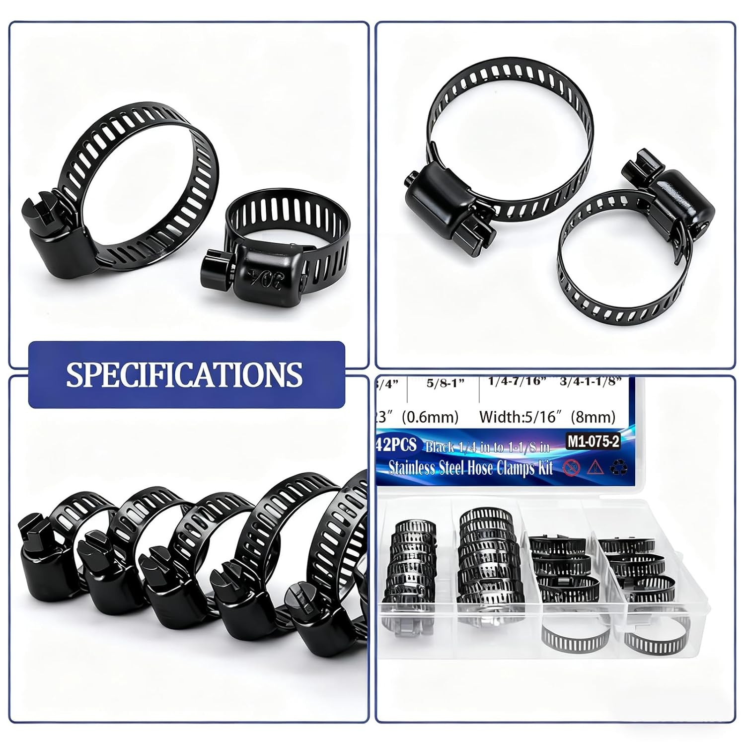 42pc Black Stainless Steel Hose Clamps Assortment Kit 1/4 to 1-1/8 Adjustable