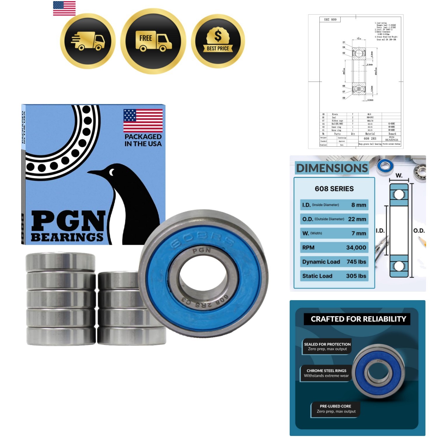 PGN 10 Pack Bearing – Lubricated Chrome Steel Sealed Ball Bearing – 8x22x7mm …