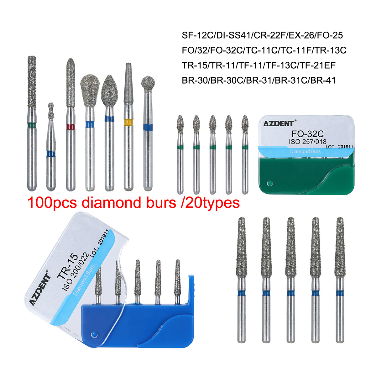100pcs Dental Diamond Burs Kit for High Speed Handpiece Medium FG 1.6MM AZDENT