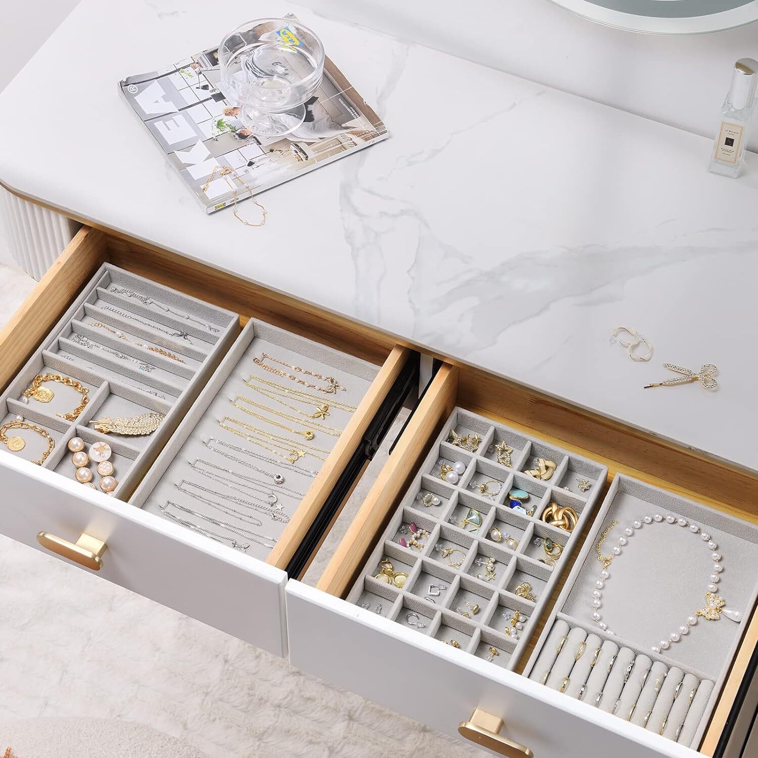 ProCase Set of 4 Stackable Jewelry Organizer Trays for Drawers, L, 1 -Grey