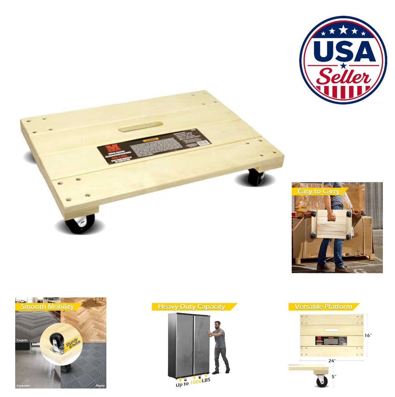 Hardwood Furniture Dolly 24 Inch x 16 Inch 1000 Lbs Capacity Heavy Duty Moving