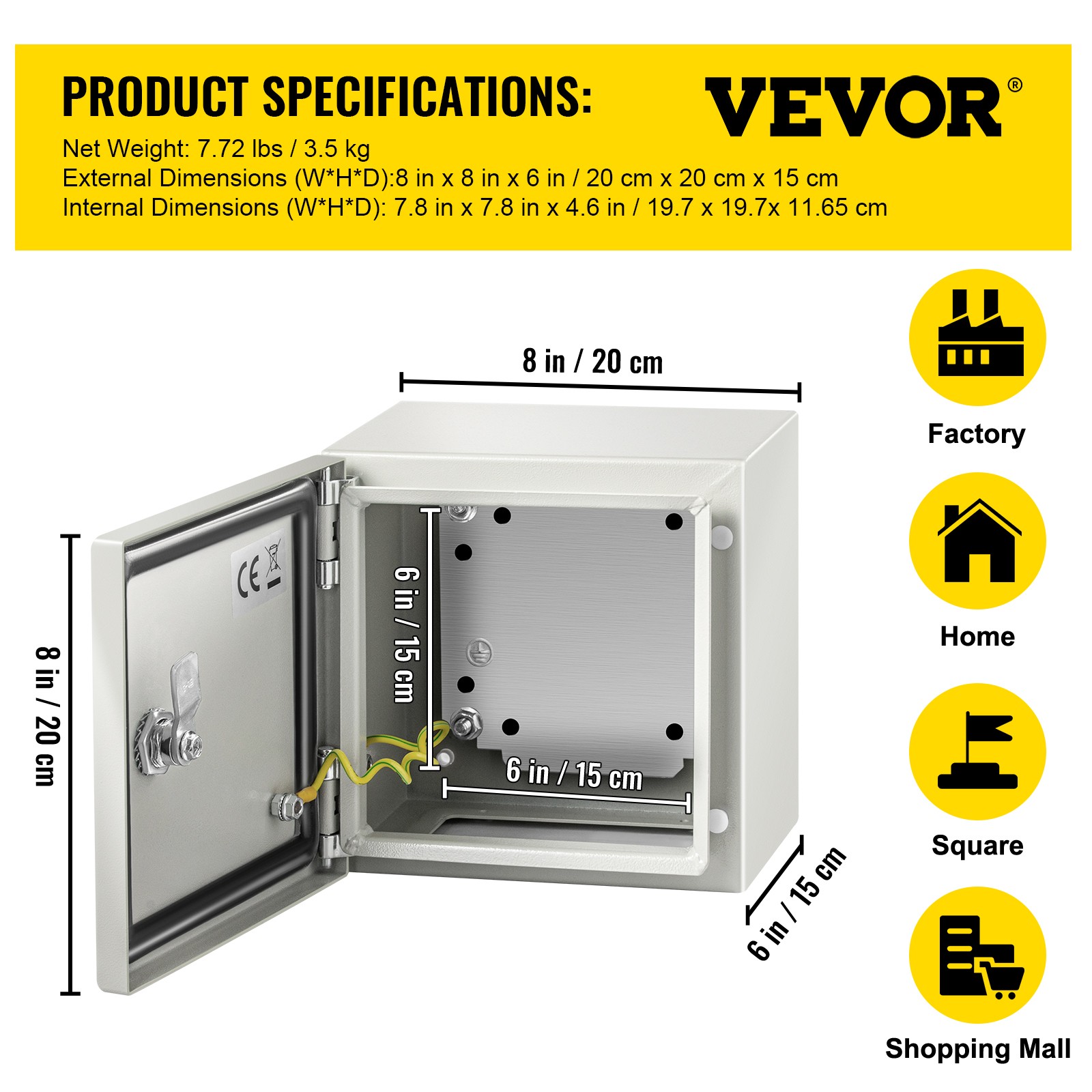 VEVOR 8» 10» 12» Metal Electrical Enclosure IP65 Waterproof Wall Junction Box