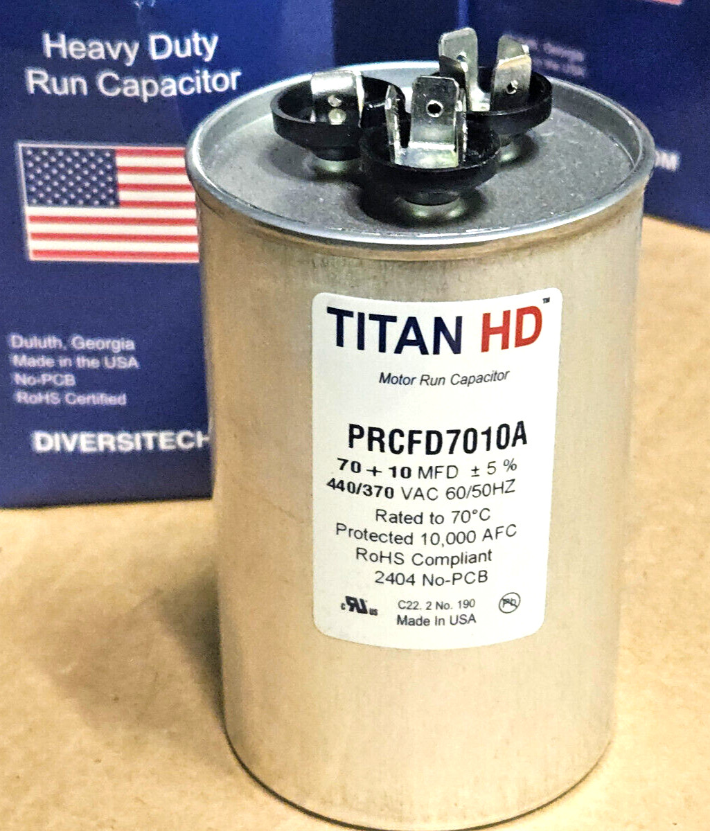 TITAN HD Motor Dual Run Capacitor: Round, 440/370V AC, 70/10 mfd, 4 13/32