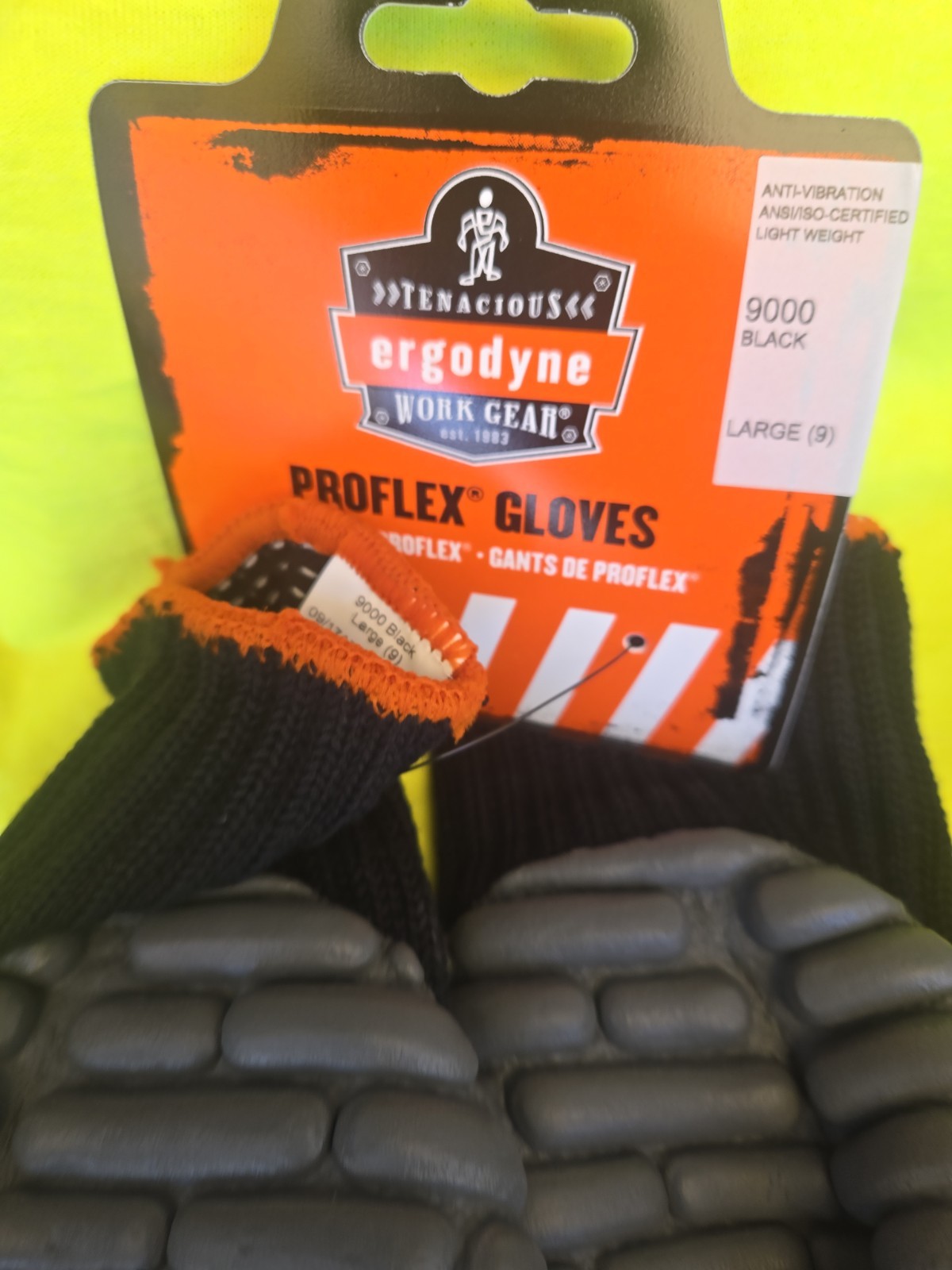 2 NEW PAIRS ERGODYNE PROFLEX ANTI-VIBRATIONS GLOVES #9000 LARGE BLACK & GRAY