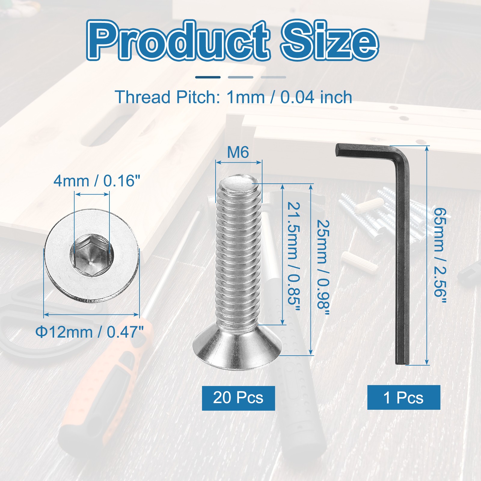 20Pcs M6-1x25mm Flat Head Socket Cap Bolts Screws Hex Socket Cap Screws