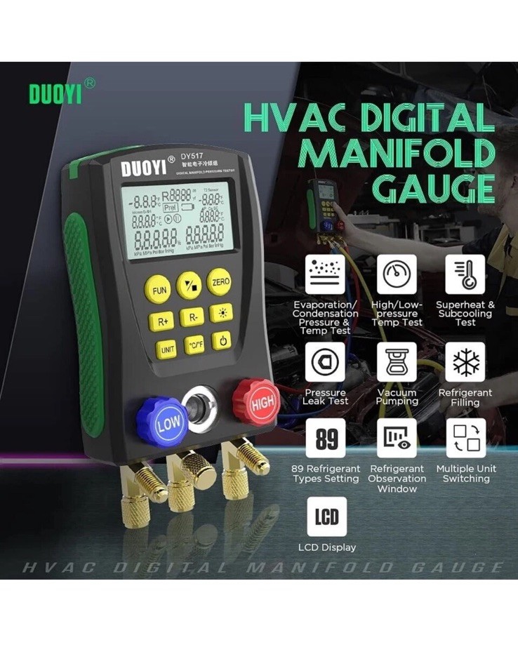 DY517 Refrigeration Digital Manifold Gauge HVAC Vacuum Pressure Temperature Test