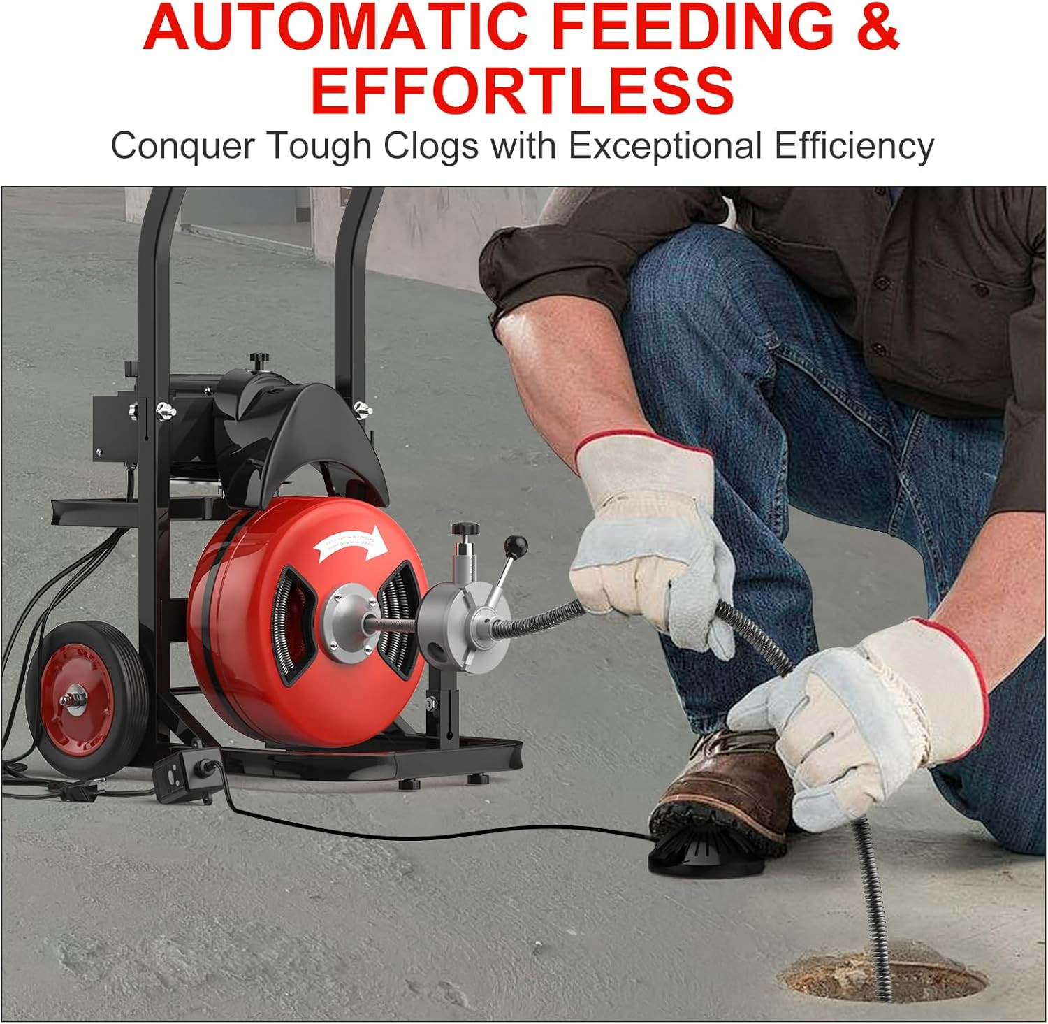 Drain Cleaner Machine Electric Drain Auger 75 FT x 1/2 In Auto Feed with Cutters