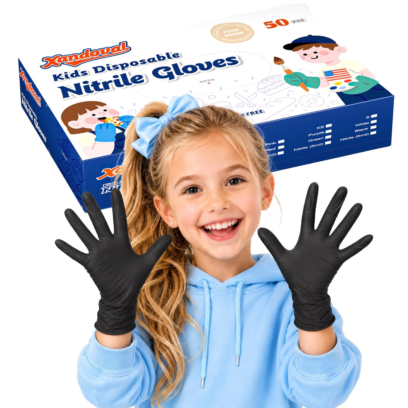 Xandoval Kids Nitrile Gloves for 6-10 Years, 5Mil Black Small, of 50pcs