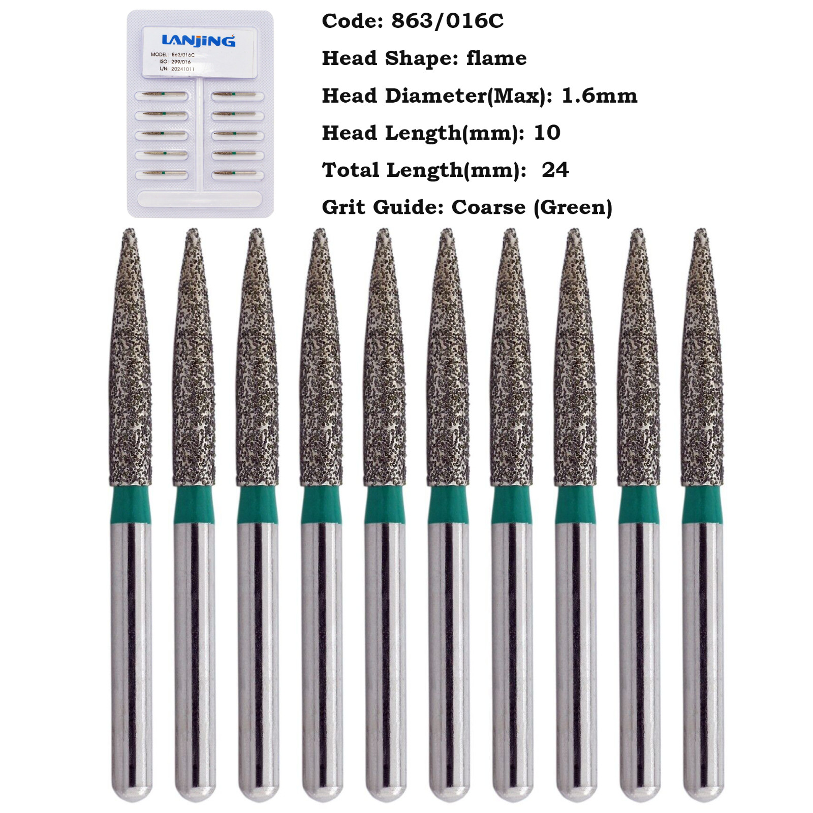 Dental Diamond Burs FG High Speed Bur Flame Shape 863/016C Coarse Grit Green
