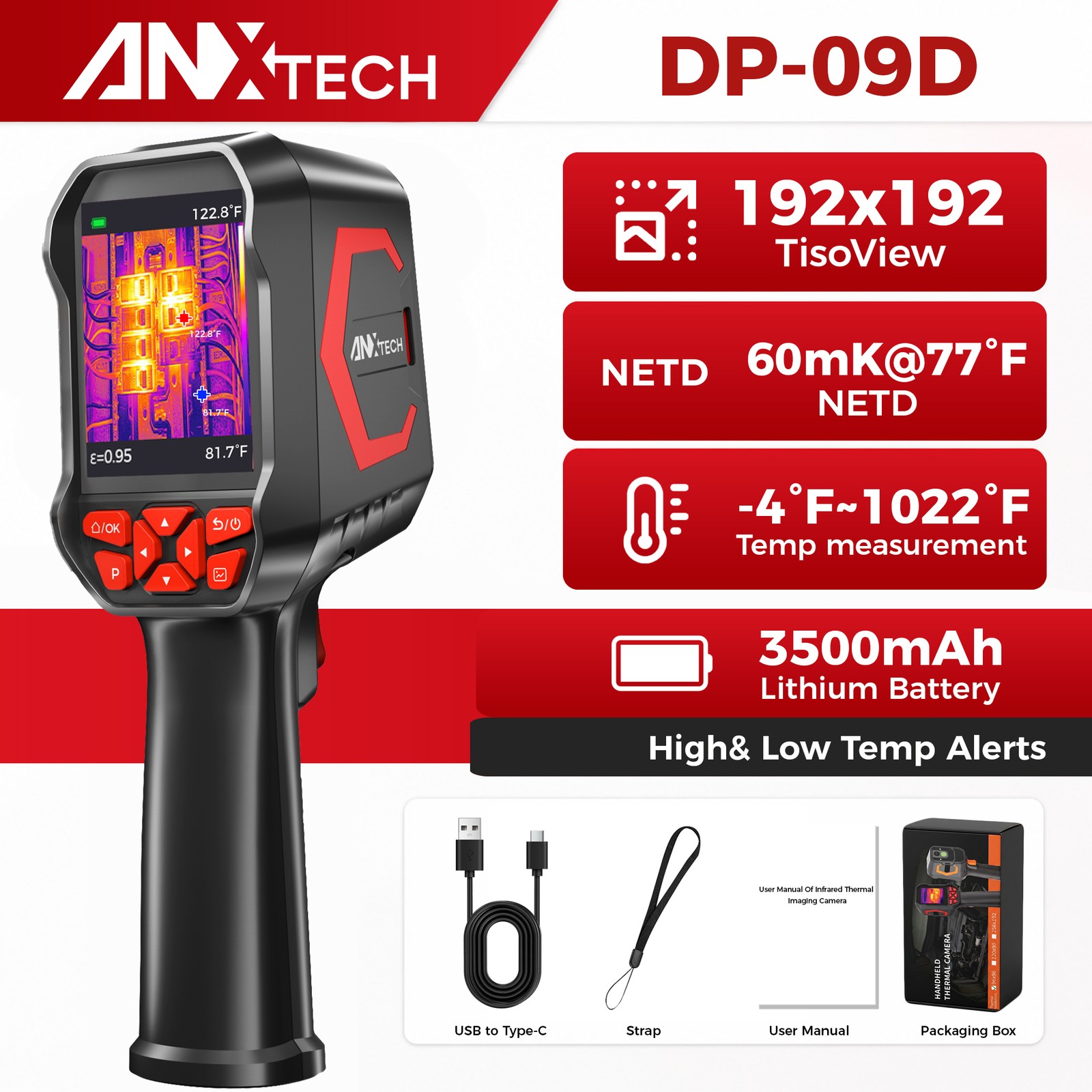 ANXTECH Thermal Camera -4°F~1022°F 2.8″ LCD 192×192 TISR 25Hz IR Imaging