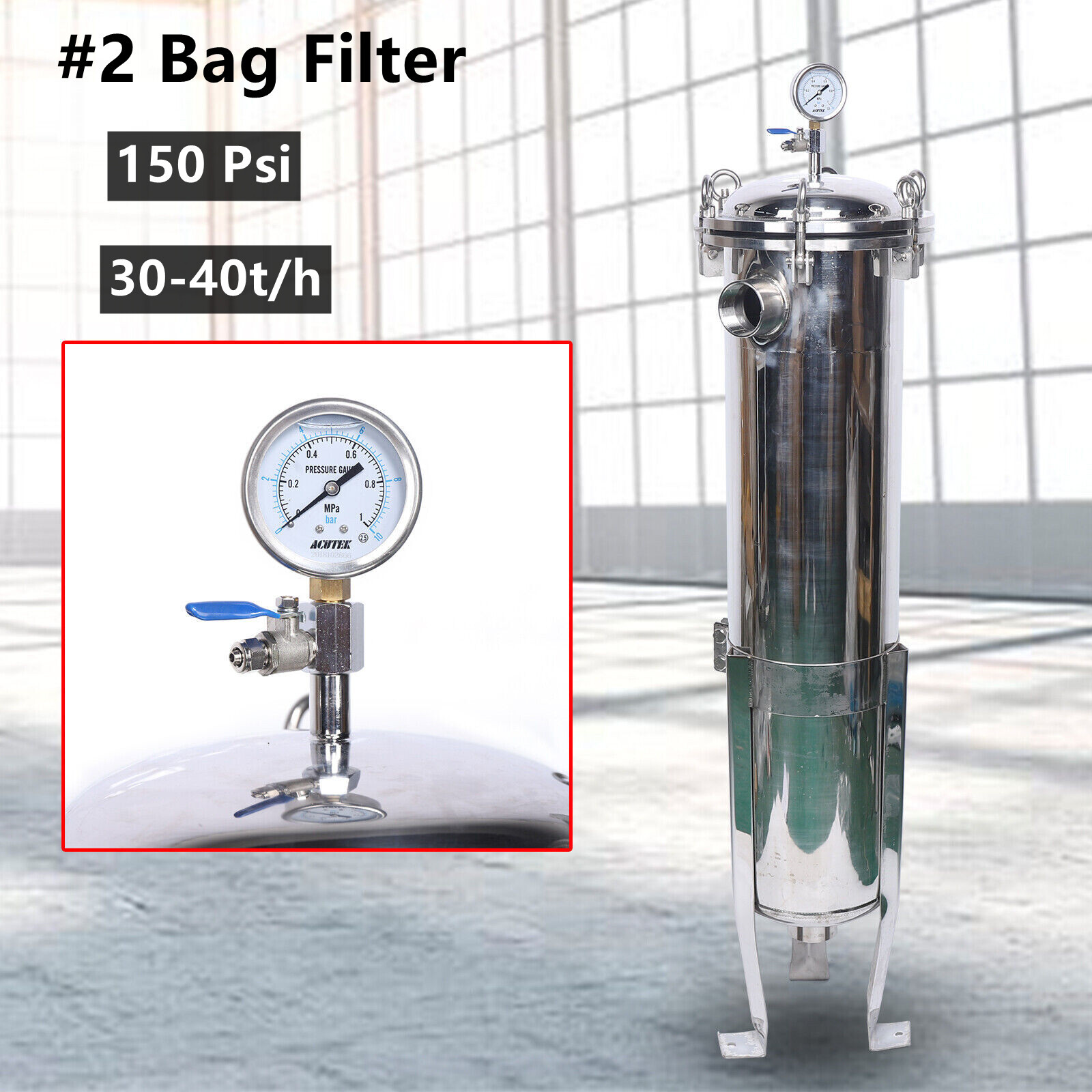 2″ NPT Bag Filter Housing 150 Psi 304 Stainless Steel In/Out #2 Bag with meshUS