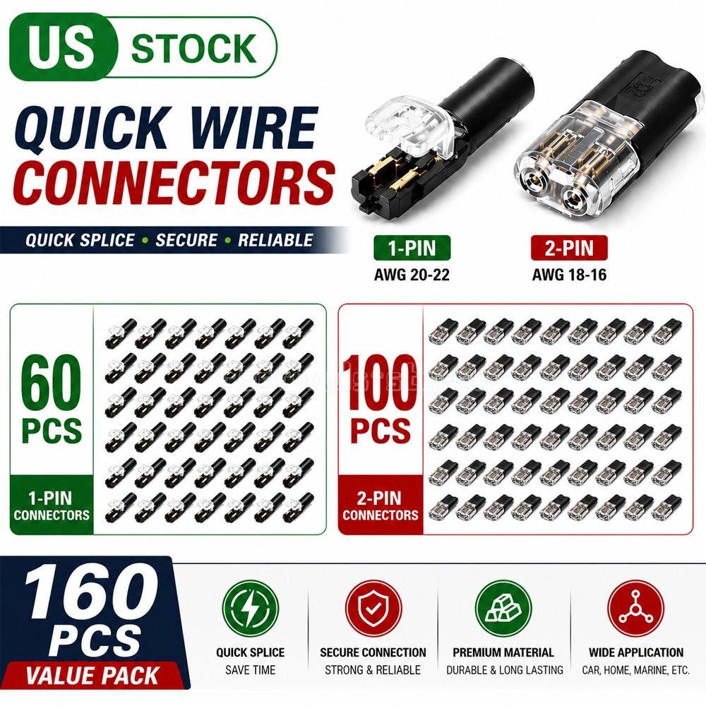 160PC Plug-In Quick Wire Connector Kit 1-Pin 2-Pin Reusable Clamp Terminal Block