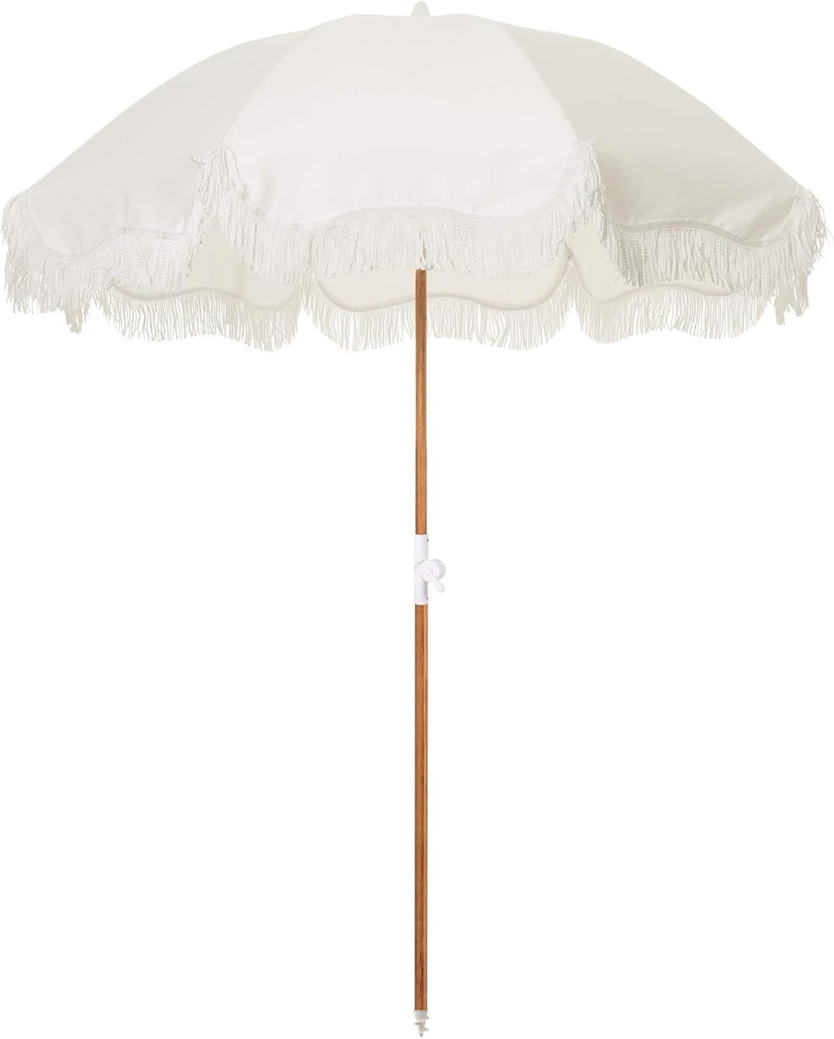 Holiday Umbrella – Boho Beach Umbrella with White Fringe, UPF 50+, 1″ Tilting Wo