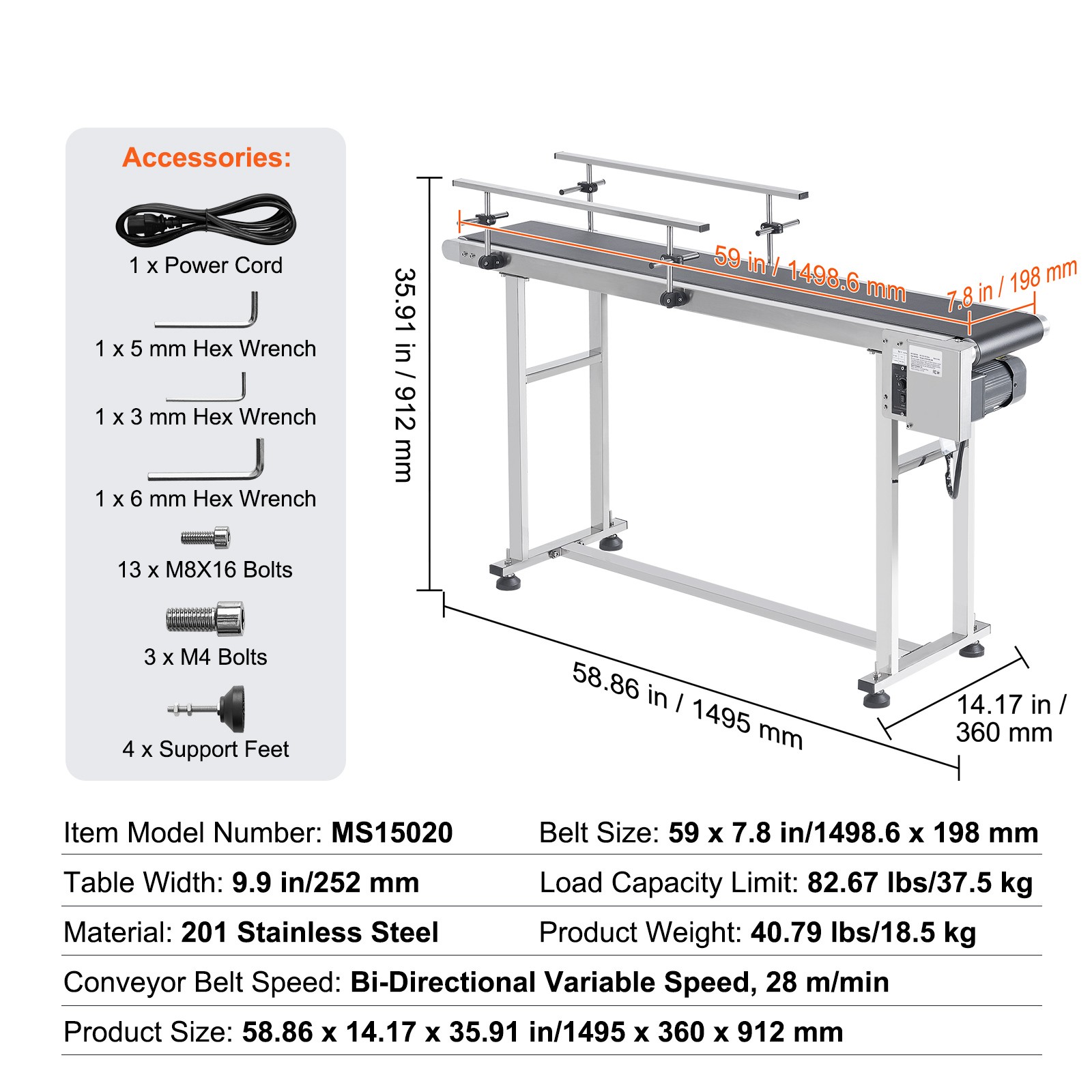 VEVOR Belt Conveyor PVC Stainless Steel Belt Conveyor 59″x7.8″ Double Guardrail