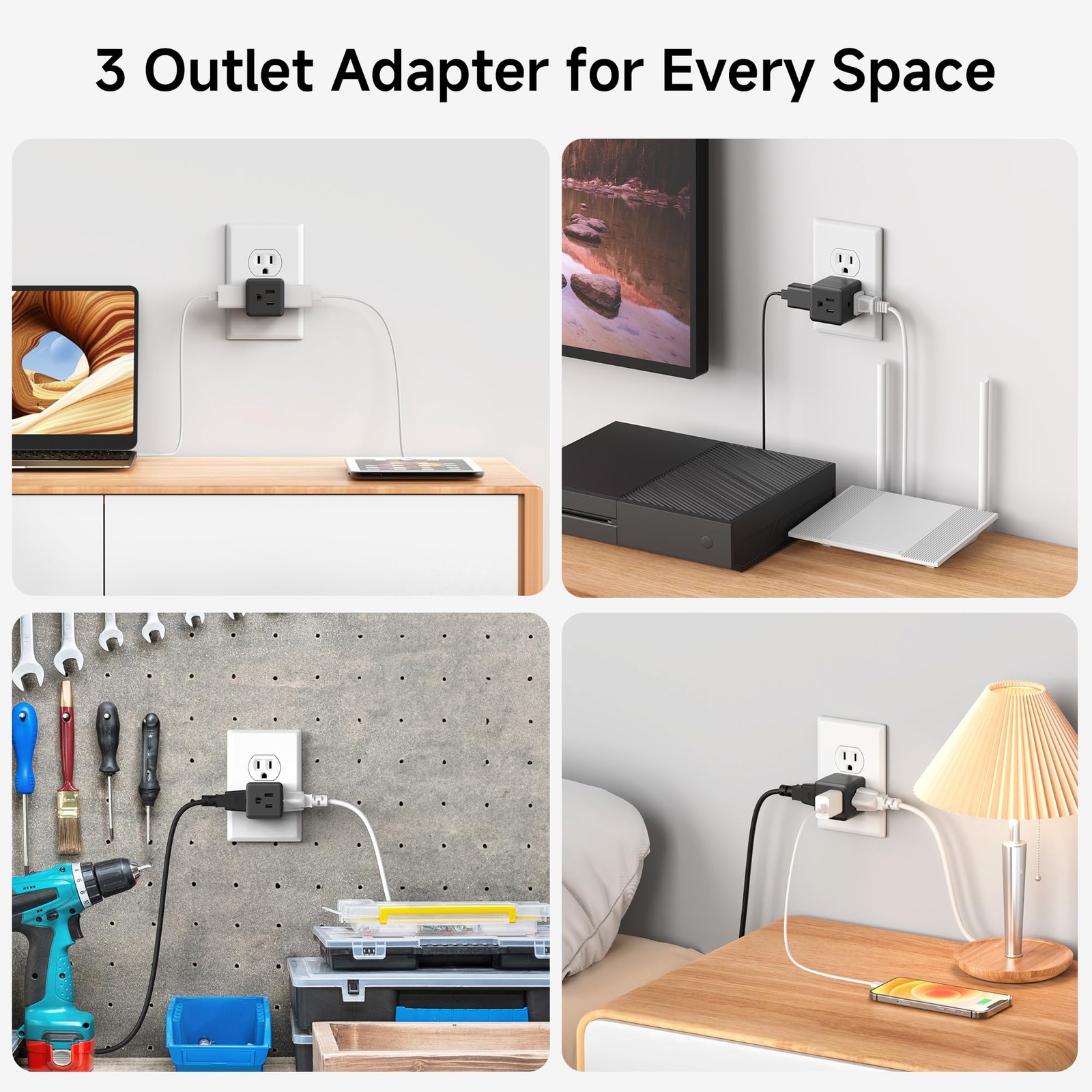 3 Pack 3 Outlet Wall Adapter Grounded Cube Power Tap Plug Splitter Black
