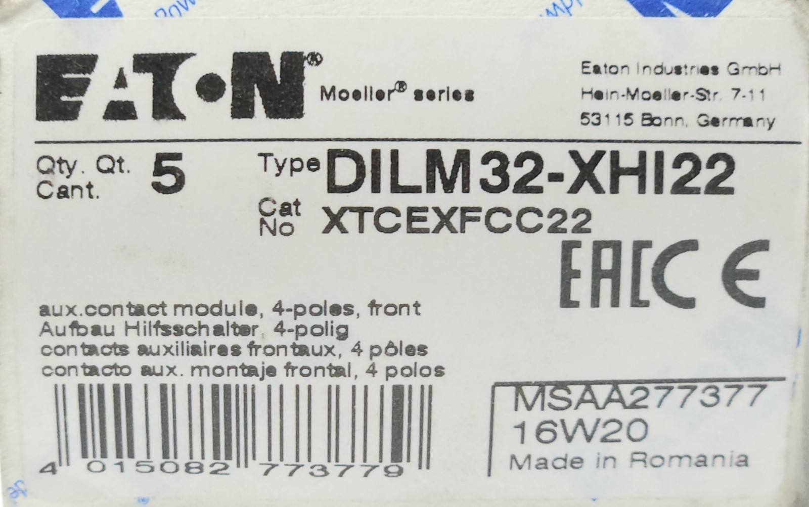 EATON MOELLER DILM32 XHI22 XTCEXFCC22 Top Mount Auxiliary Contact Block 2 NC 2 N