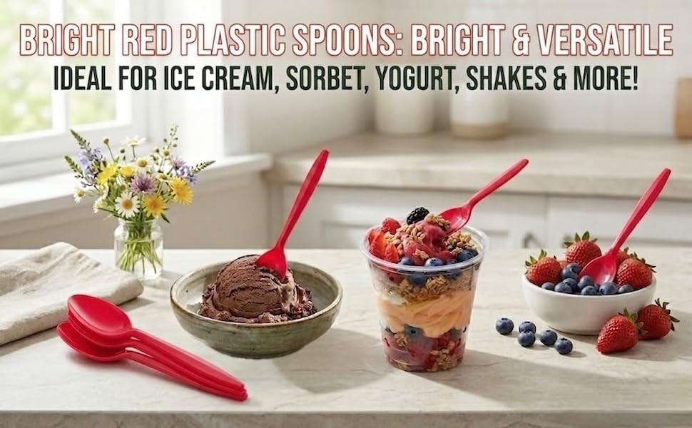Plastic Teaspoons, Disposable Spoons for Parties & Everyday Use (200, Red)
