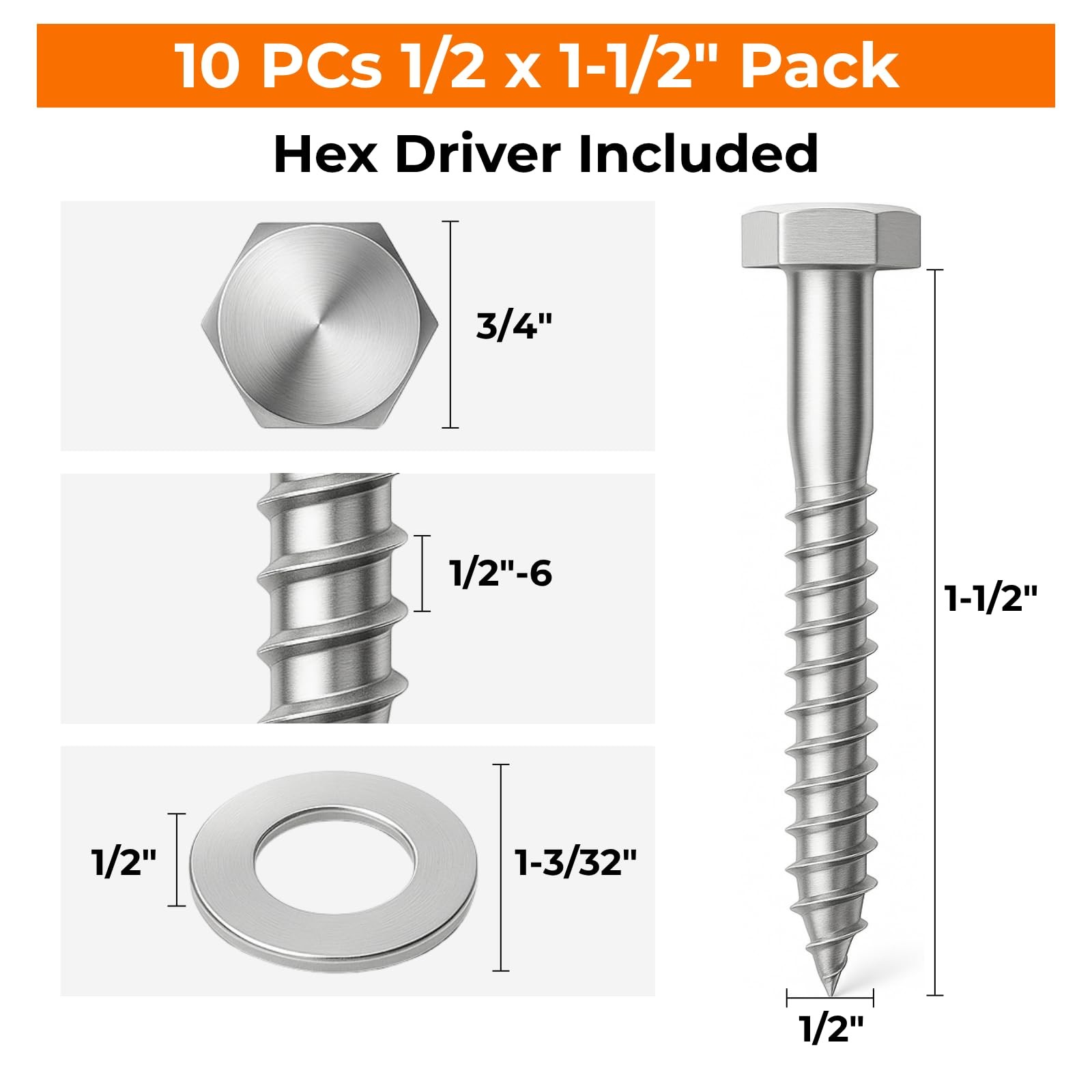 1/2 x 1-1/2 Lag Bolts, 10 PCs Heavy Duty 304 Stainless Steel Wood Lag Screws …