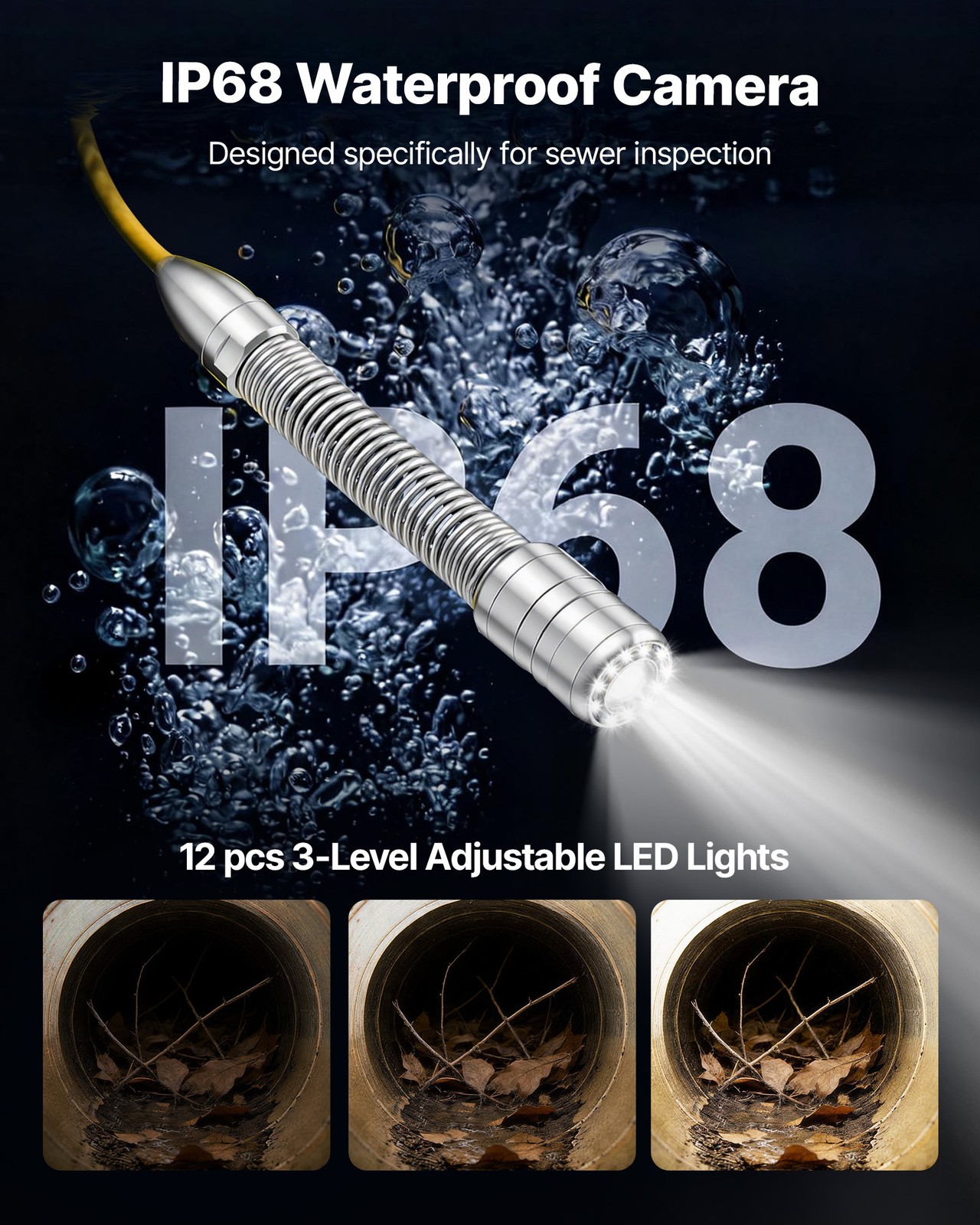 VEVOR Sewer Camera with WiFi 98.4ft/30m IP68 Drain Pipeline Camera 12 LED Lights
