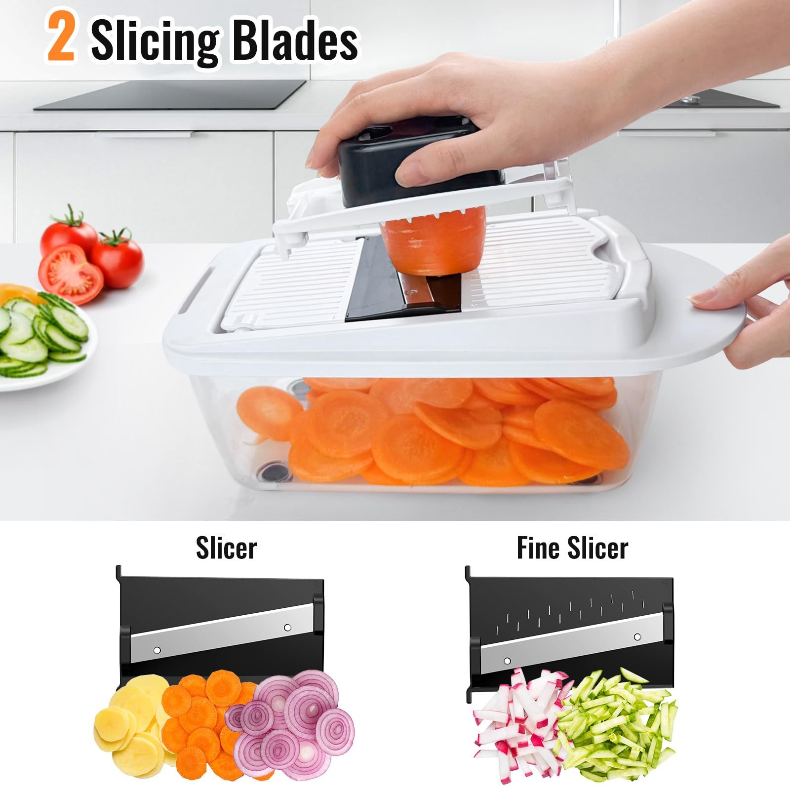 8 Blade All-in-1 Vegetable Chopper Mandoline Slicer with 8-blade, White