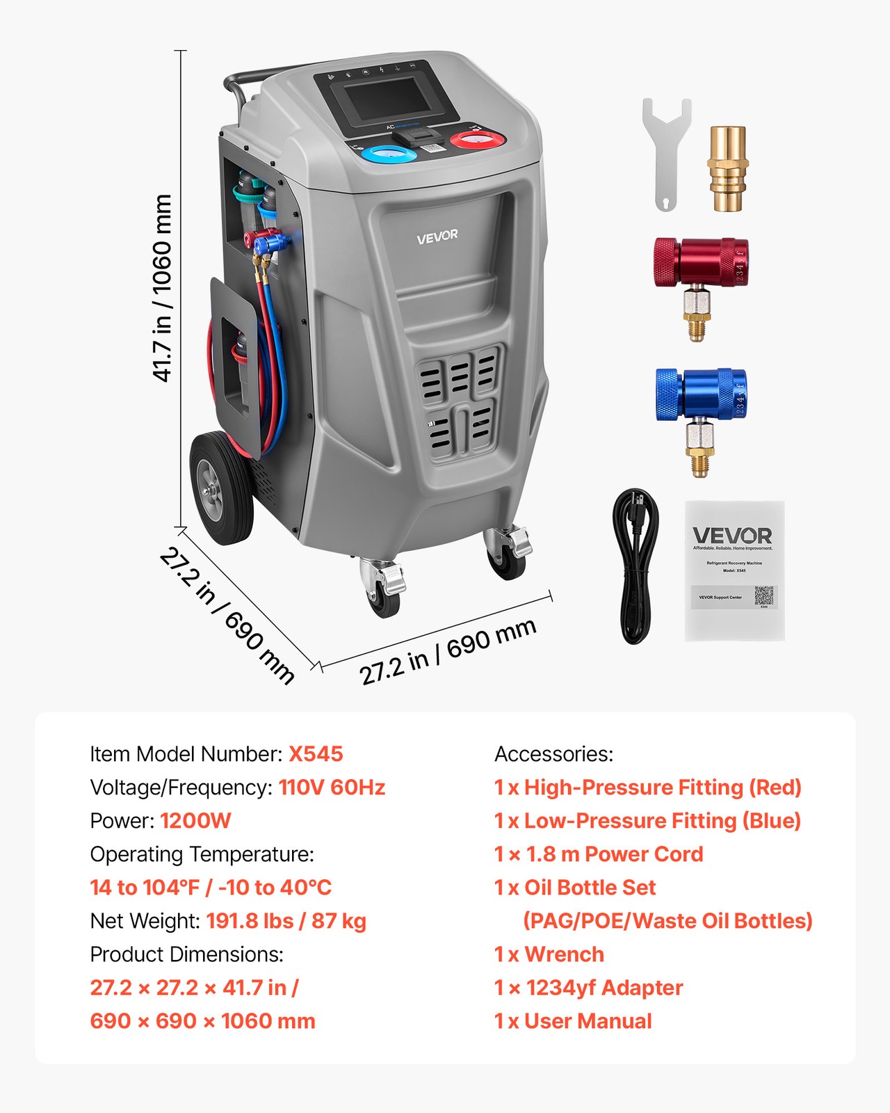 VEVOR Fully Automatic Refrigerant Recovery Machine 1234yf A/C Vacuum Recharging