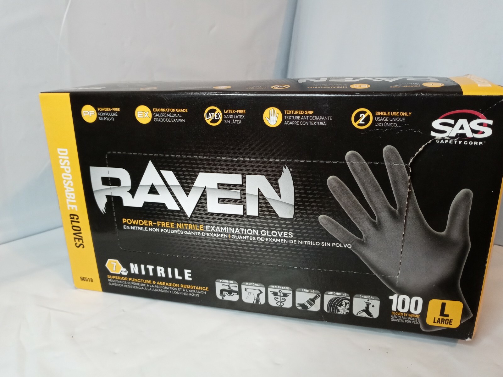 100/Box SAS Safety Raven Black 6 MIL Nitrile Exam Gloves Large 66518 New