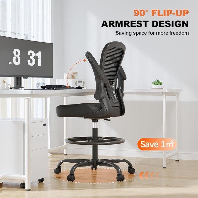 Ergonomic Drafting Chair Adjustable Lumbar Support Flip-up Armrests Footrest