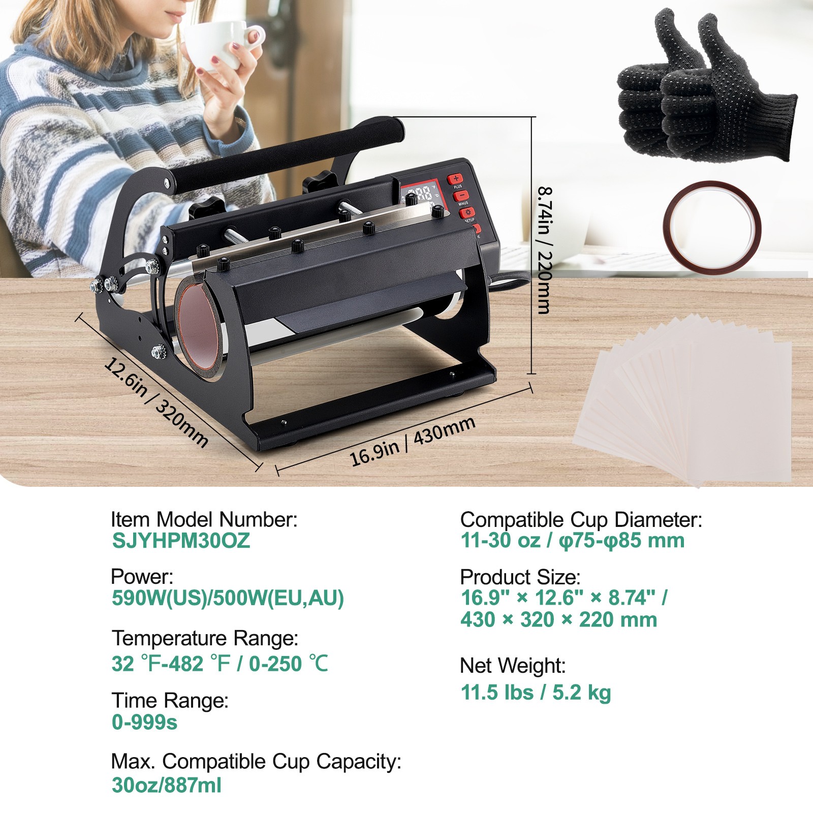 Uimoso Tumbler Heat Press Machine 11-30oz Mug Press Sublimation Tumblers Black
