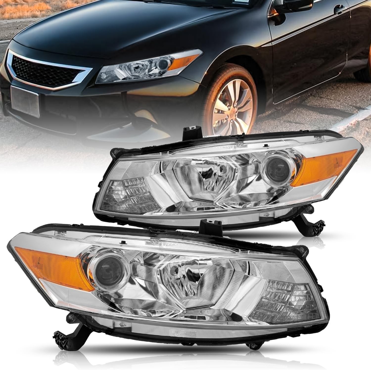 Headlight 2008-2012 Honda Accord Coupe Projector Chrome Amber Reflector (L+R)