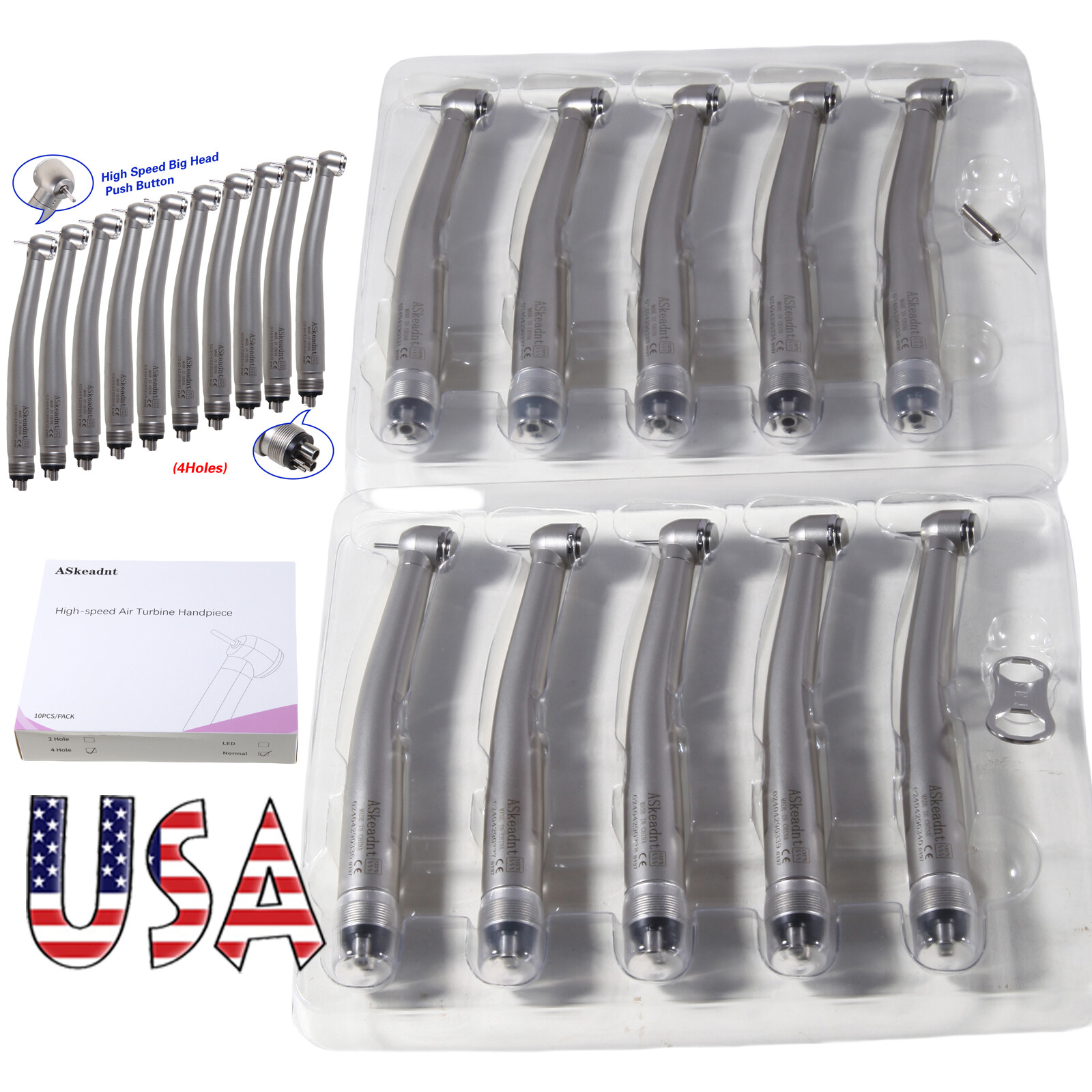 10 ASkeadnt NEW Dental High Speed HANDPIECES Fast Turbine Push Button 4-H