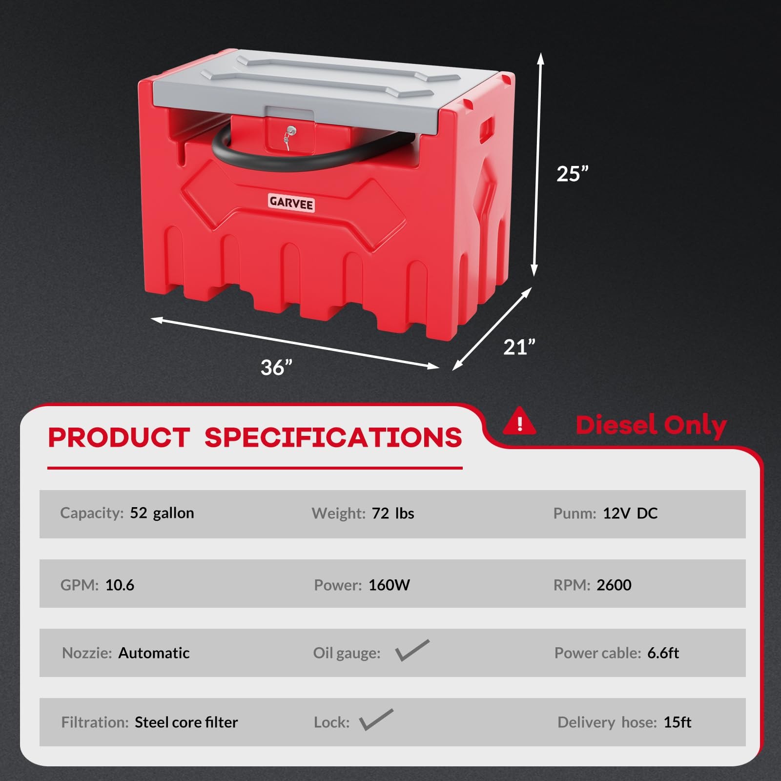 52 gal Portable Diesel Fuel Tank with 12V Electric Transfer Pump High Flow Rate