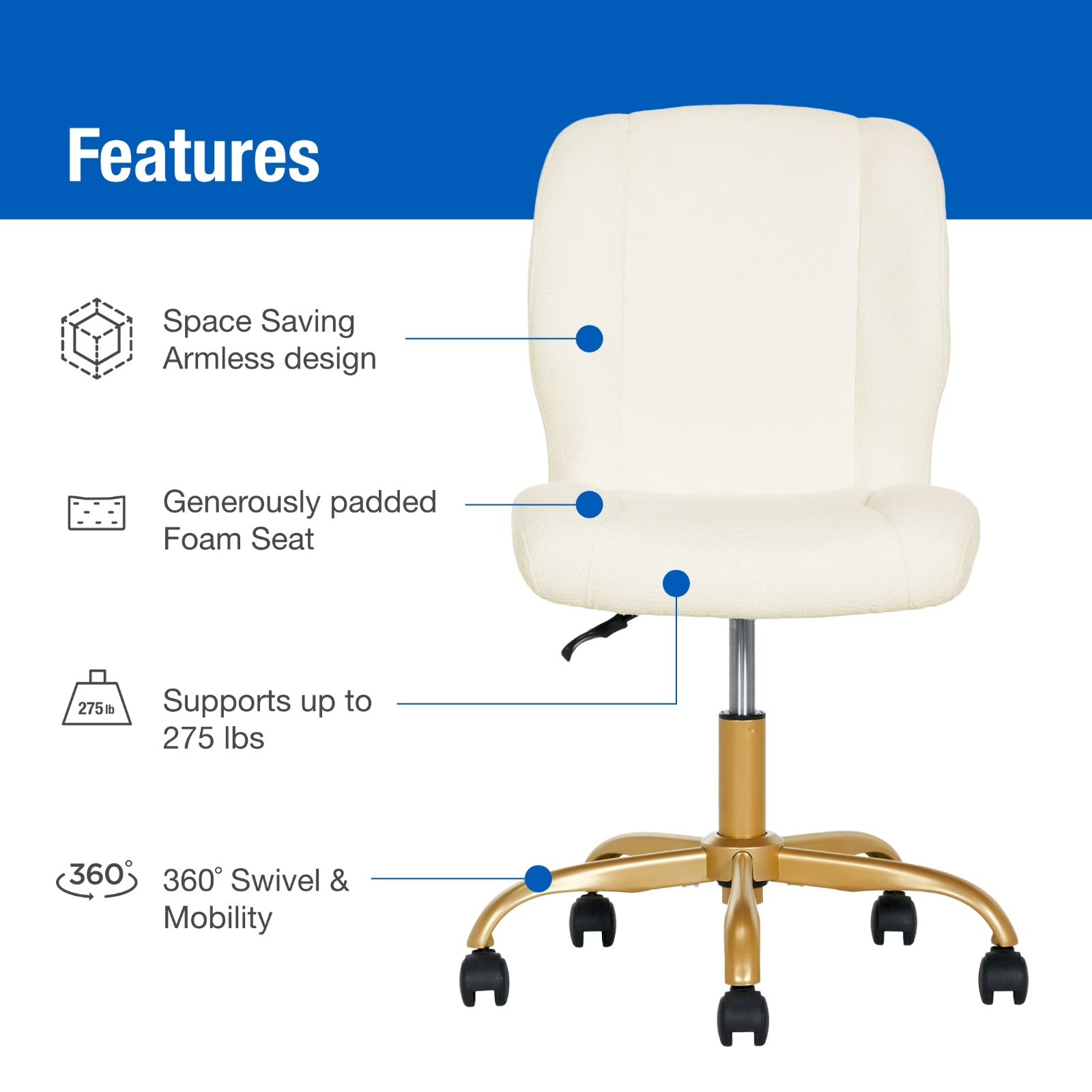 Mainstays Bouclé Armless Office Chair for Adults and Teens, Cream