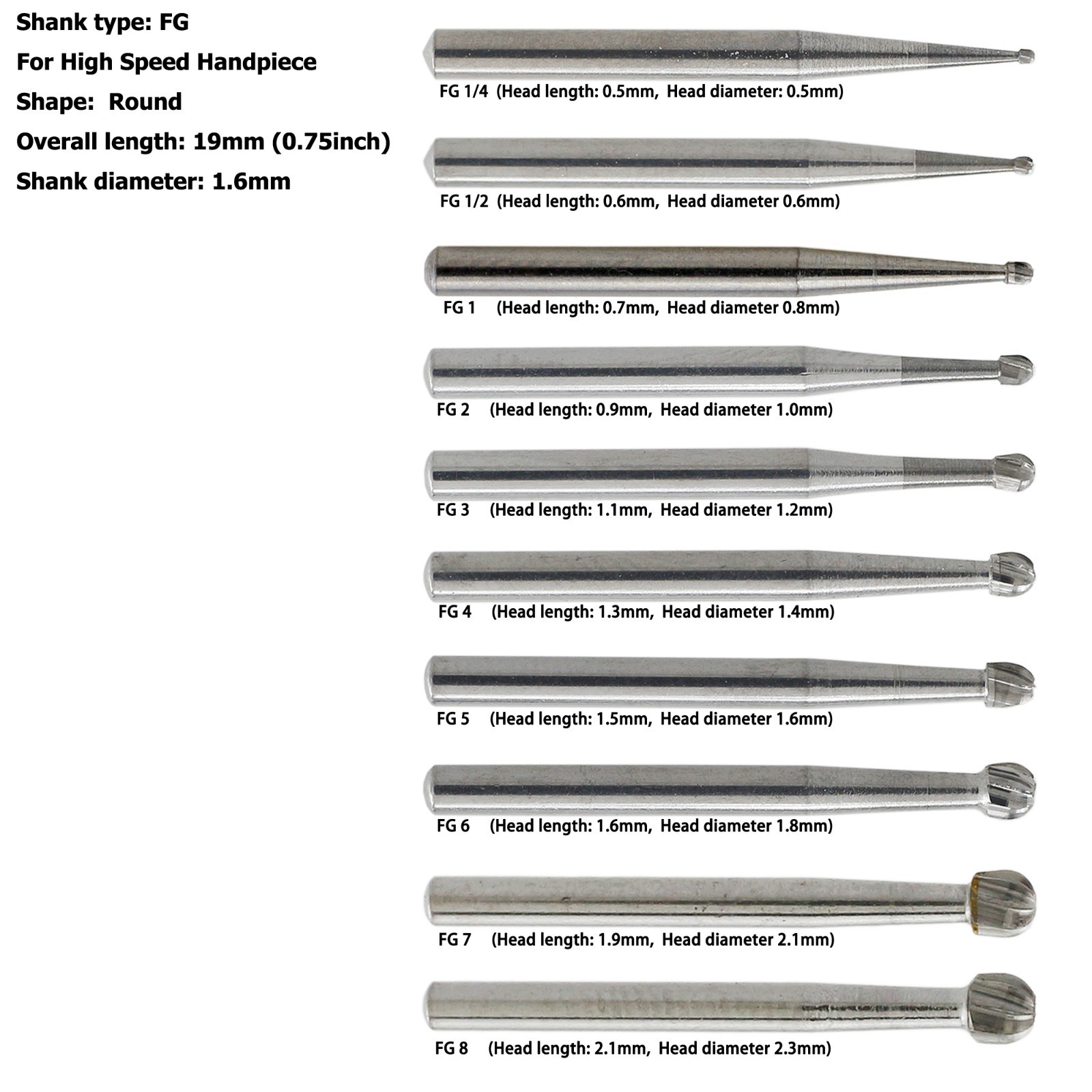 WAVE Dental Round Surgical Burs Carbide Bur High Speed Long FG / FG SURG 2 4 6 8