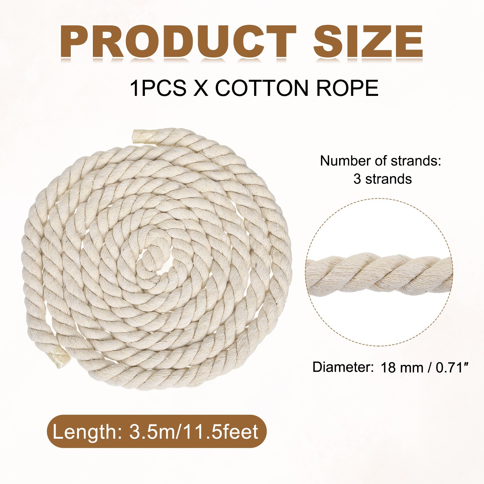 18mm x 11.5 Feet Beige Cotton Rope 3 Strand for DIY Wall Hanging Knotting