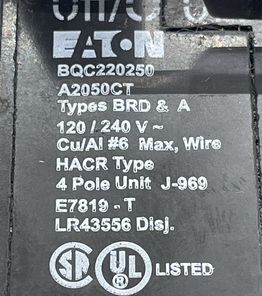 EATON BQC220250 Quad 20/50A Circuit Breaker 2P 20A & 2P 50A **PRE-OWNED**