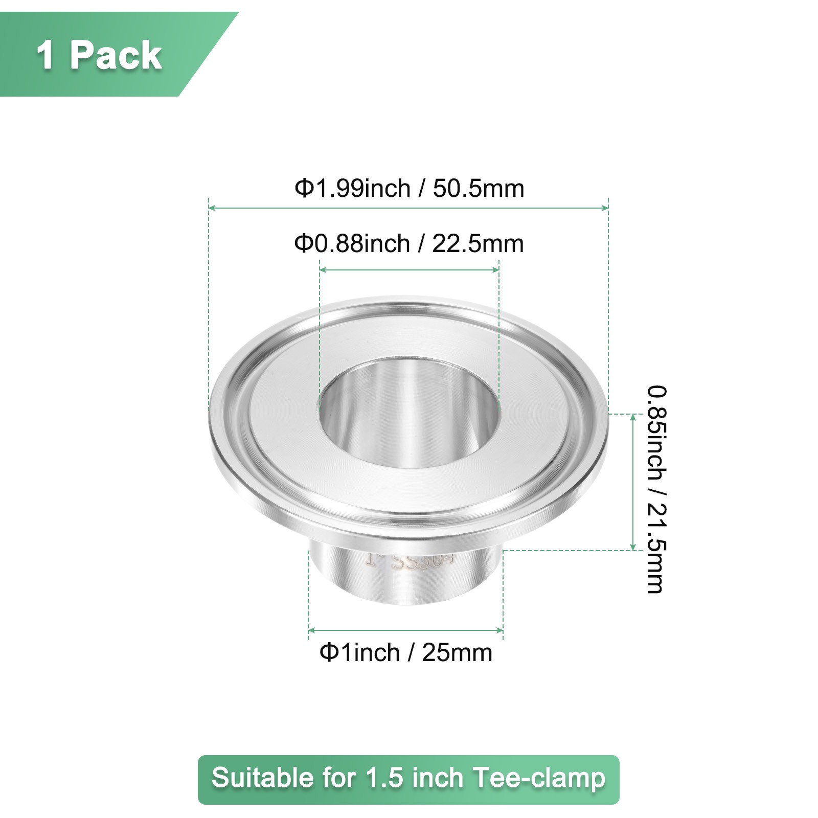 1-Pack Tri Sanitary 1.5″ Clamp Ferrule Fittings to 25mm” OD Weld Clamp Pipe