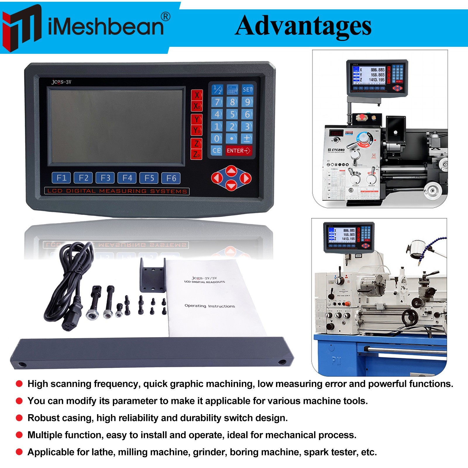 iMeshbean 3 Axis DRO + 3pc Linear Scales LCD Digital Readout Kit for Bridgeport