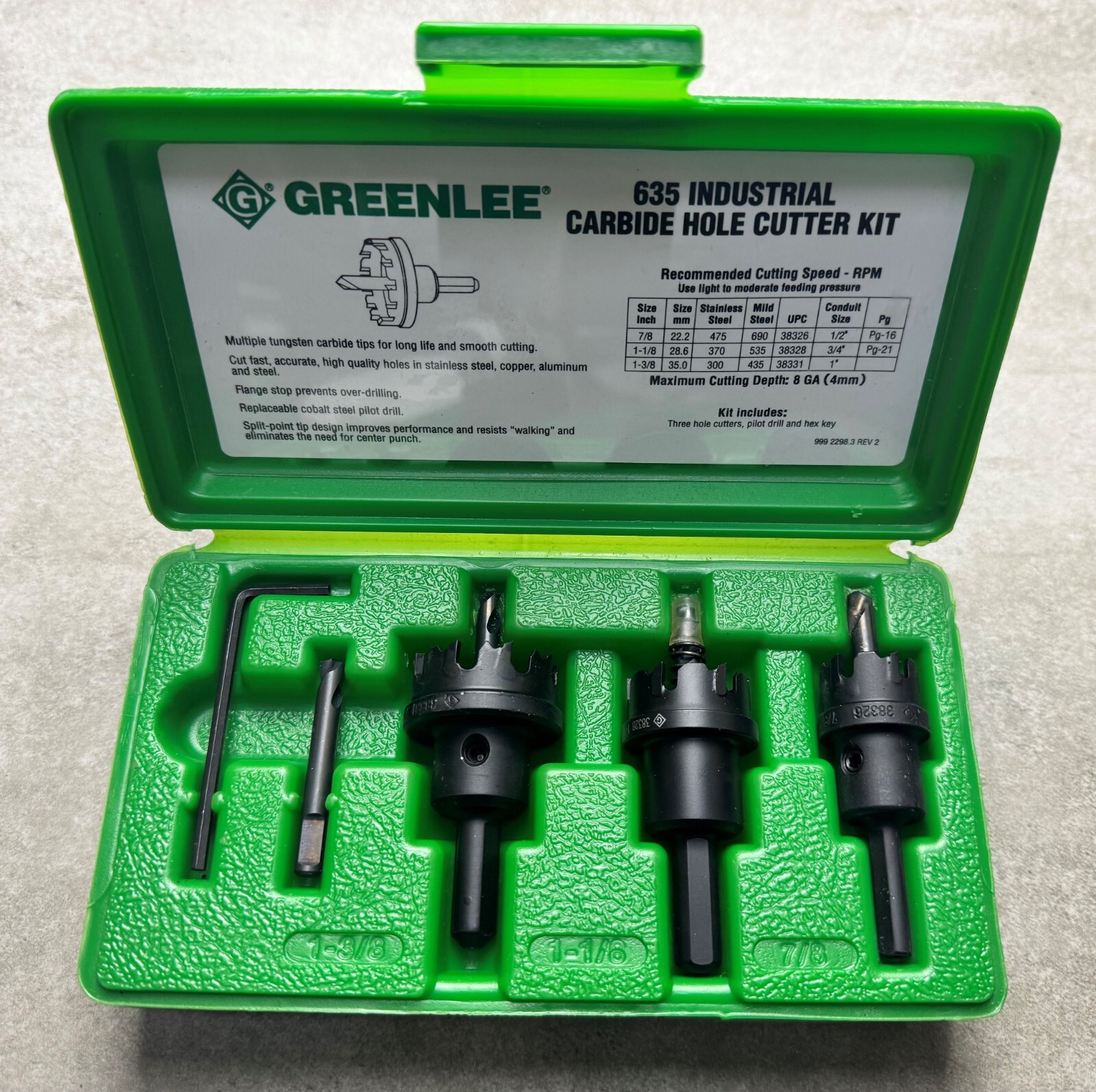 Greenlee 635 7/8″, 1-1/8″, 1-3/8″ Cutterheads; Pilot Drill, Hex Key and Case
