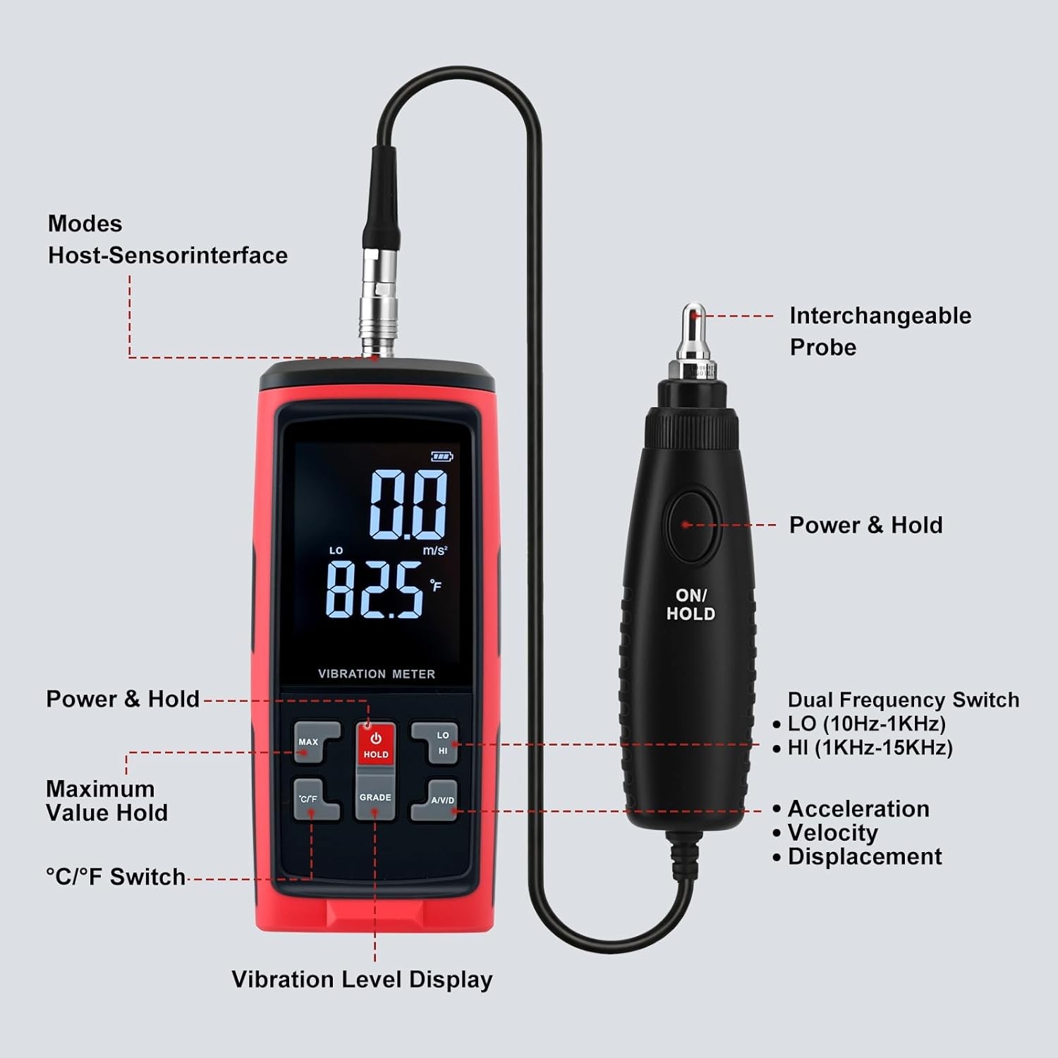 Digital Vibration Meter 3 Detachable Probes Vibration Analyzer High-Precision US
