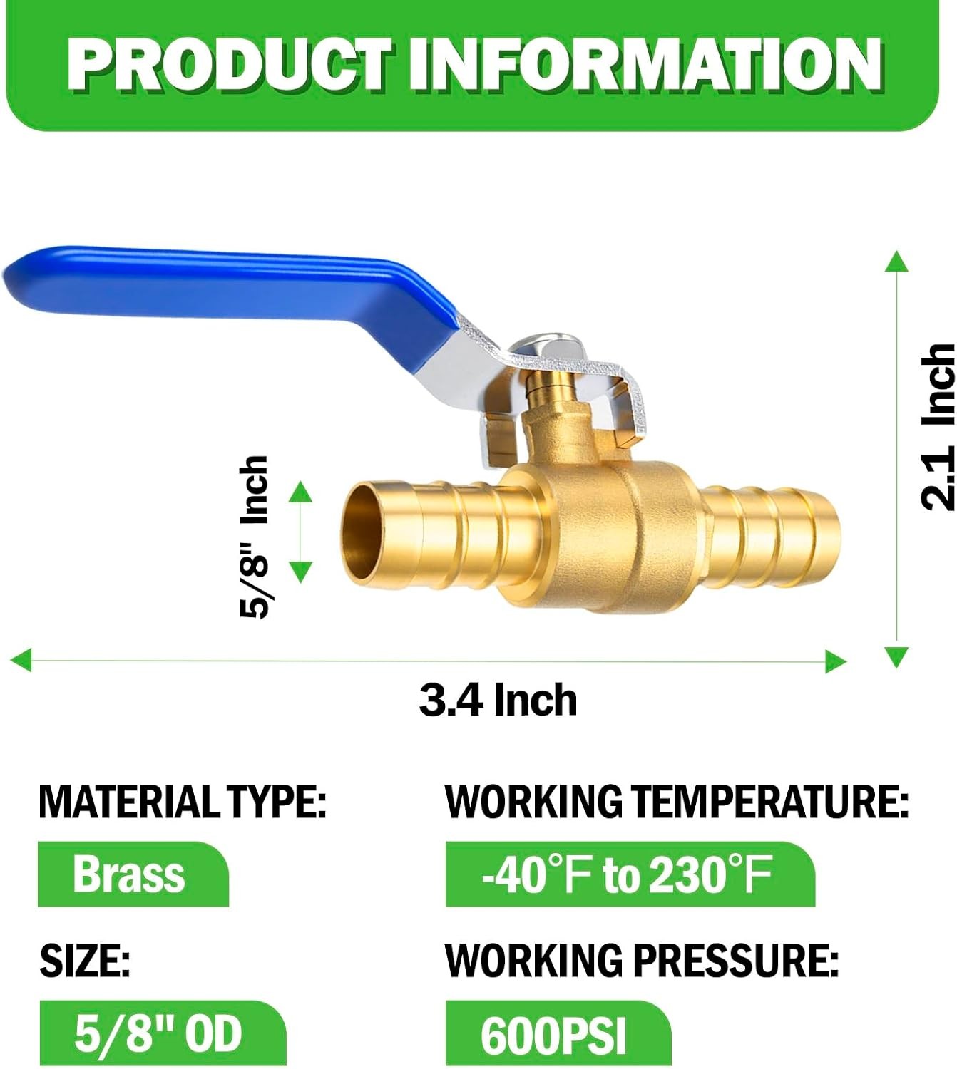 5/8″ Brass Hose Barb Ball Valve 2pcs
