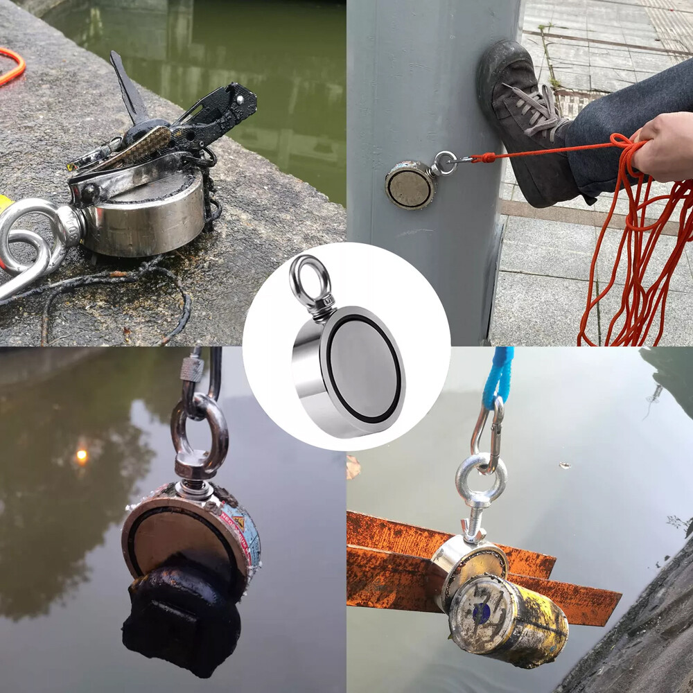 2000 LBS Strong Fishing Magnet Kit Double-Sided Pull Force and Rope Carabiner US