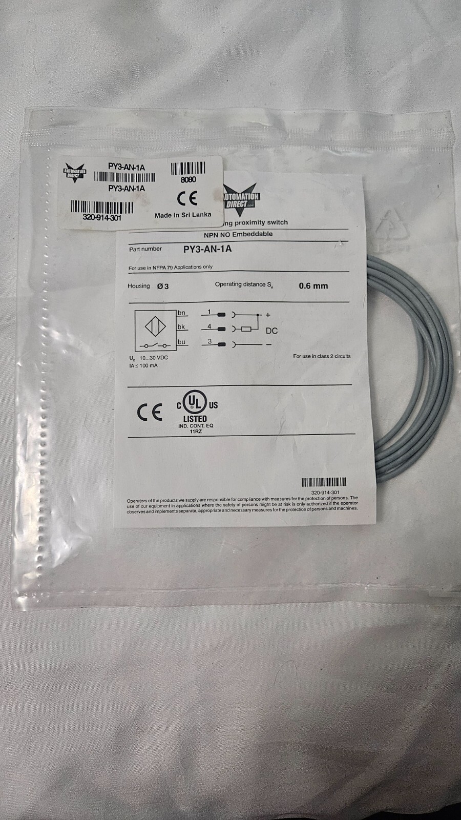 AUTOMATION DIRECT PY3-AN-1A 3MM X 22MM PROX SWITCH (NEW) NPN N.O. OUTPUT PIGTAIL