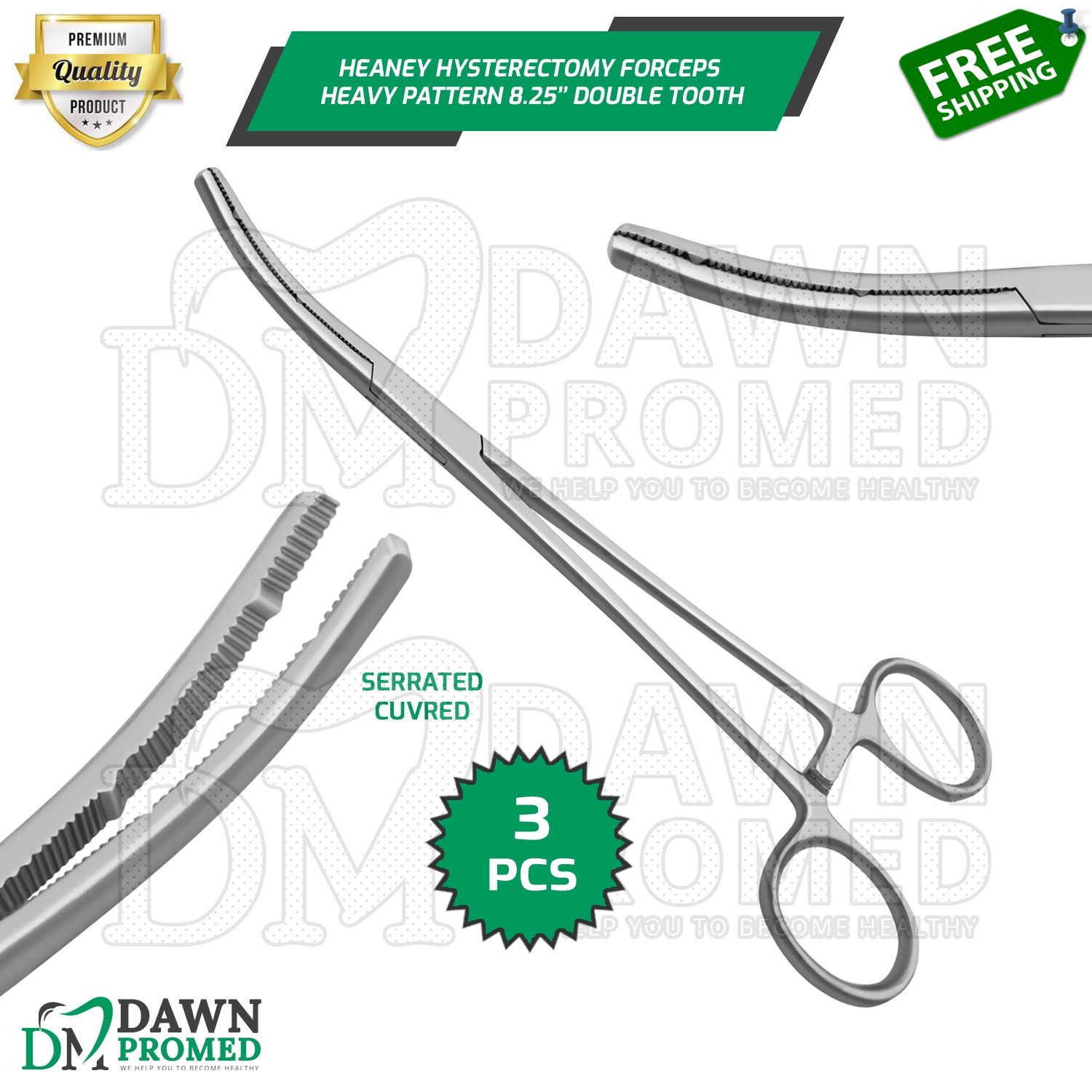3 Heaney Hysterectomy Forceps Curved 8.5″ Double Tooth OB/GYN Inst German Grade