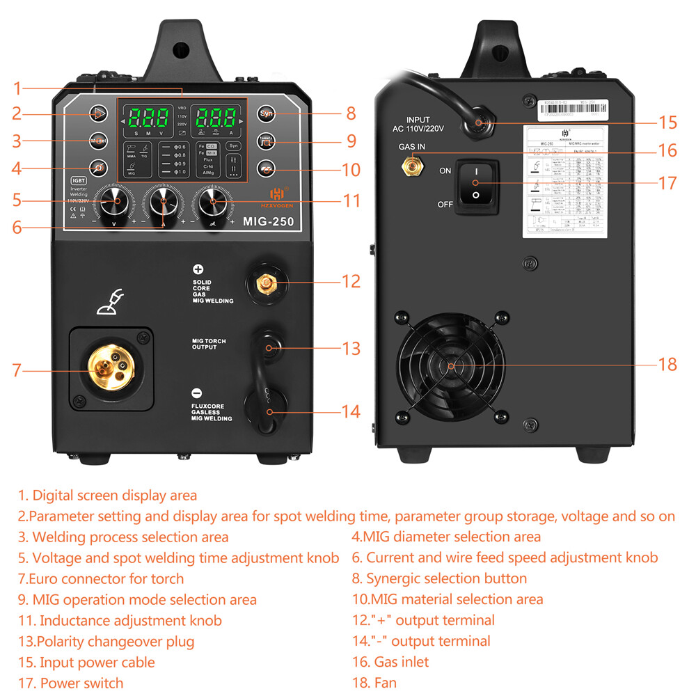 6in1 Gasless MIG Welder Spot/Lift TIG/Stick/Gas MIG 250A 110V/220V for Aluminum