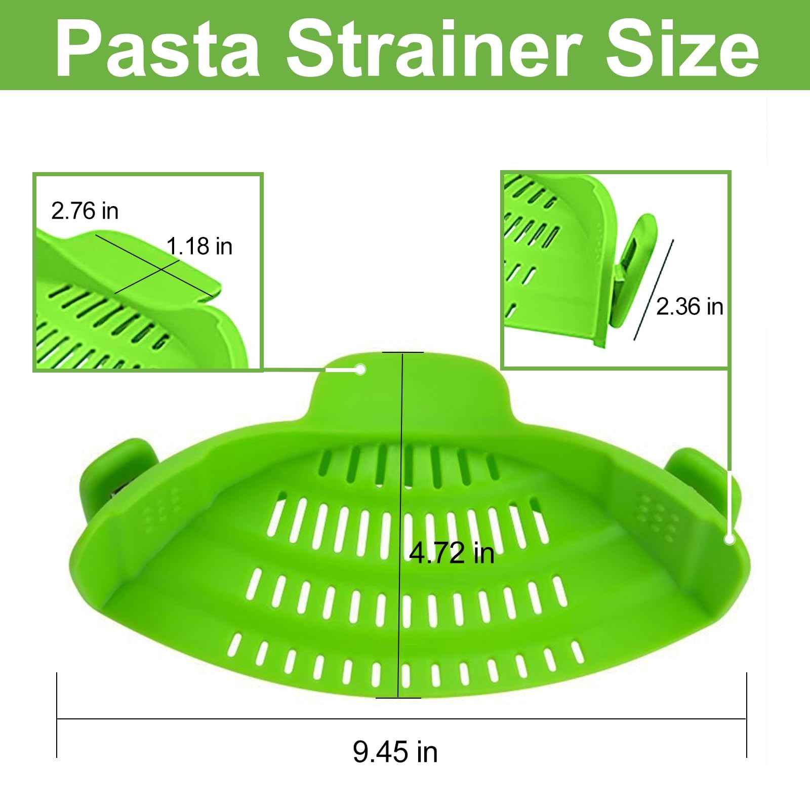 AriesMu Pasta Strainer Clip-on Silicone Colander for 9.45*4.72*2.36in, Green