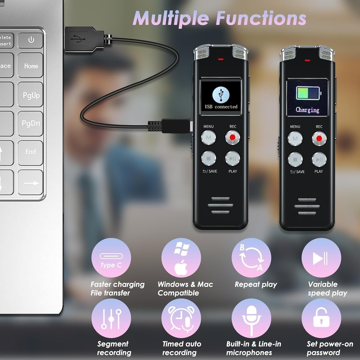 Digital Voice Recorder, 64GB, Voice Activated, Playback, USB Type-C, MP3 WAV