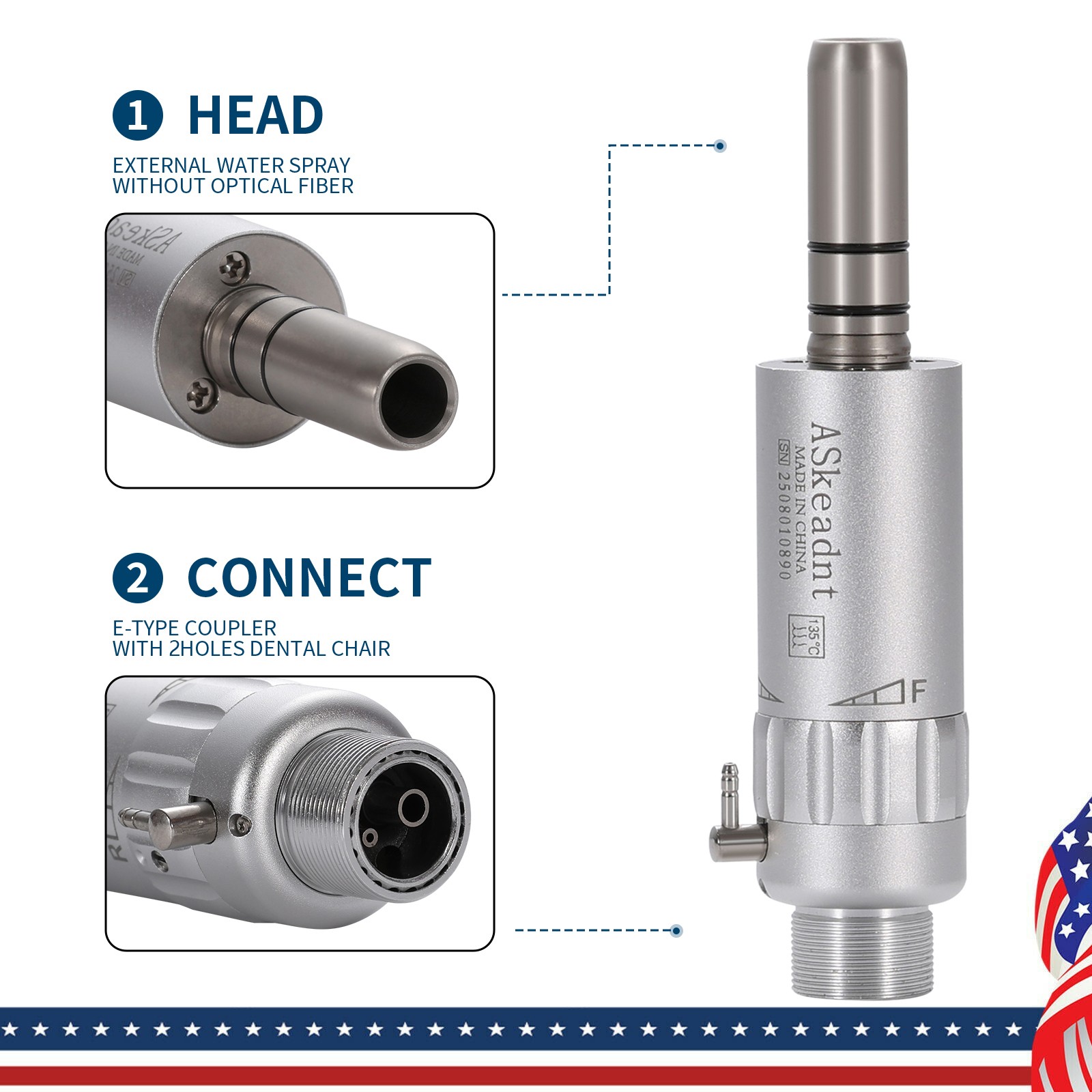 ASkeadnt Dental Slow Low Speed Handpiece Air Motor E-type 2 Holes Connector