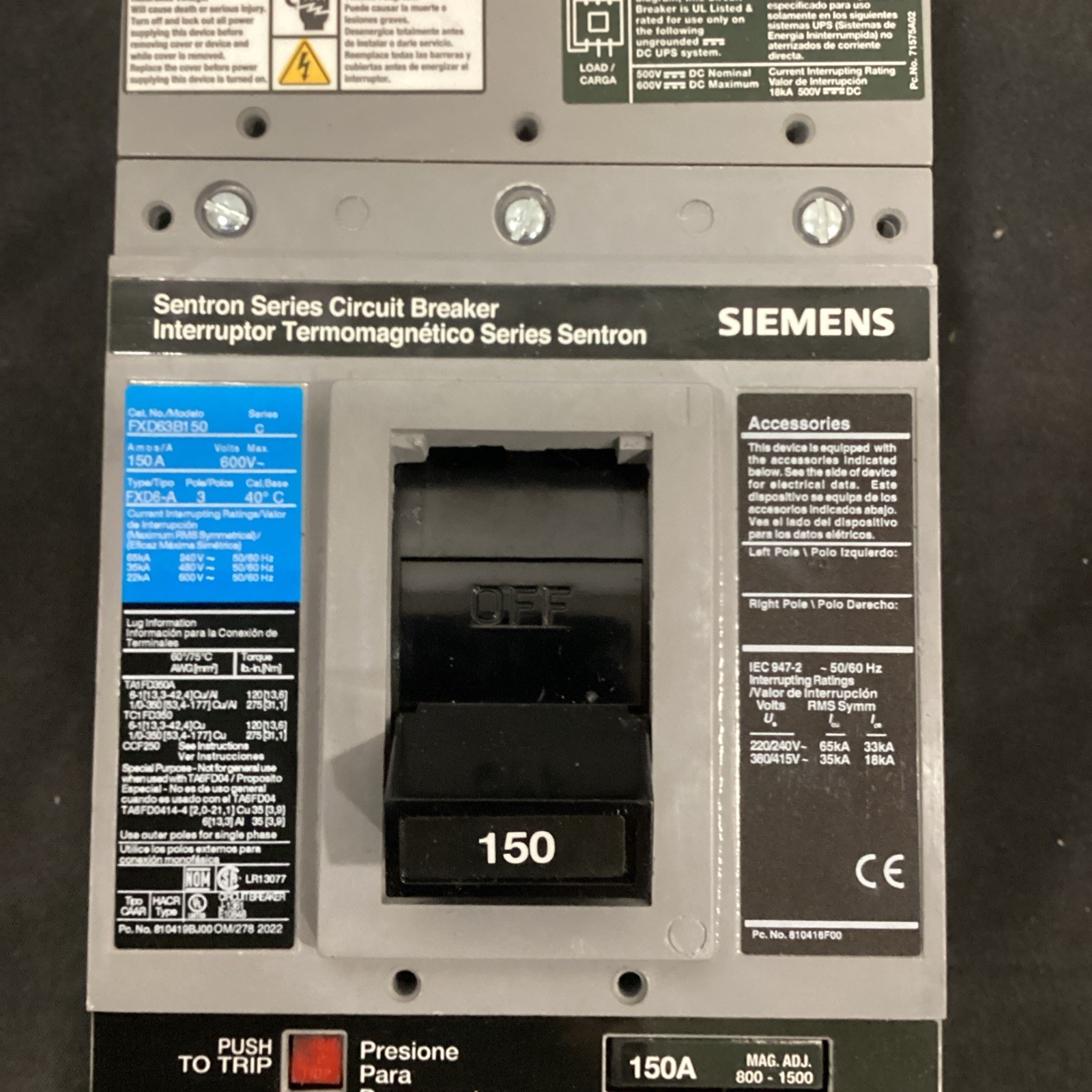 Siemens Sentron Molded Case 600V 150A Circuit Breaker FXD63B150